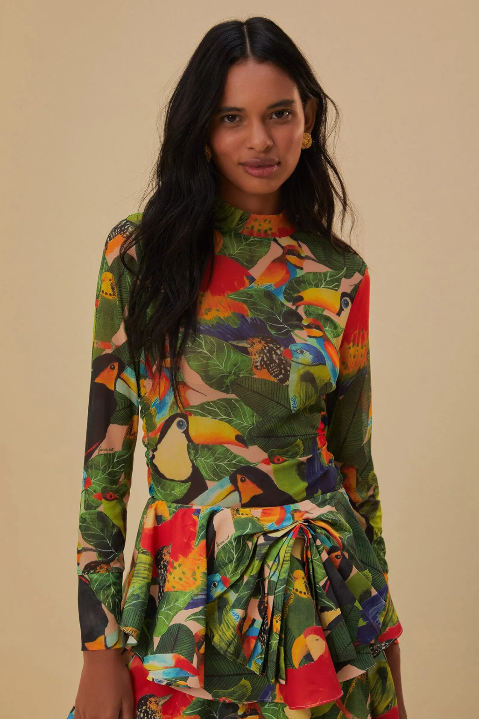  BIRD LEAVES SAND TULLE BLOUSE