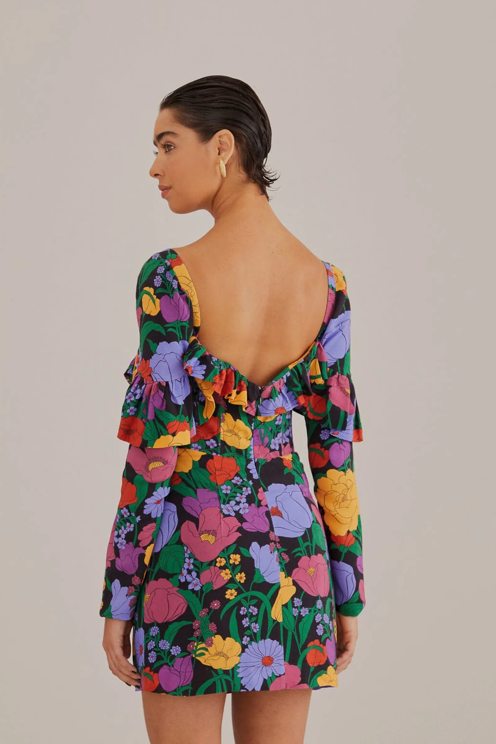 BLACK BUCOLIC GARDEN LONG SLEEVE MINI DRESS