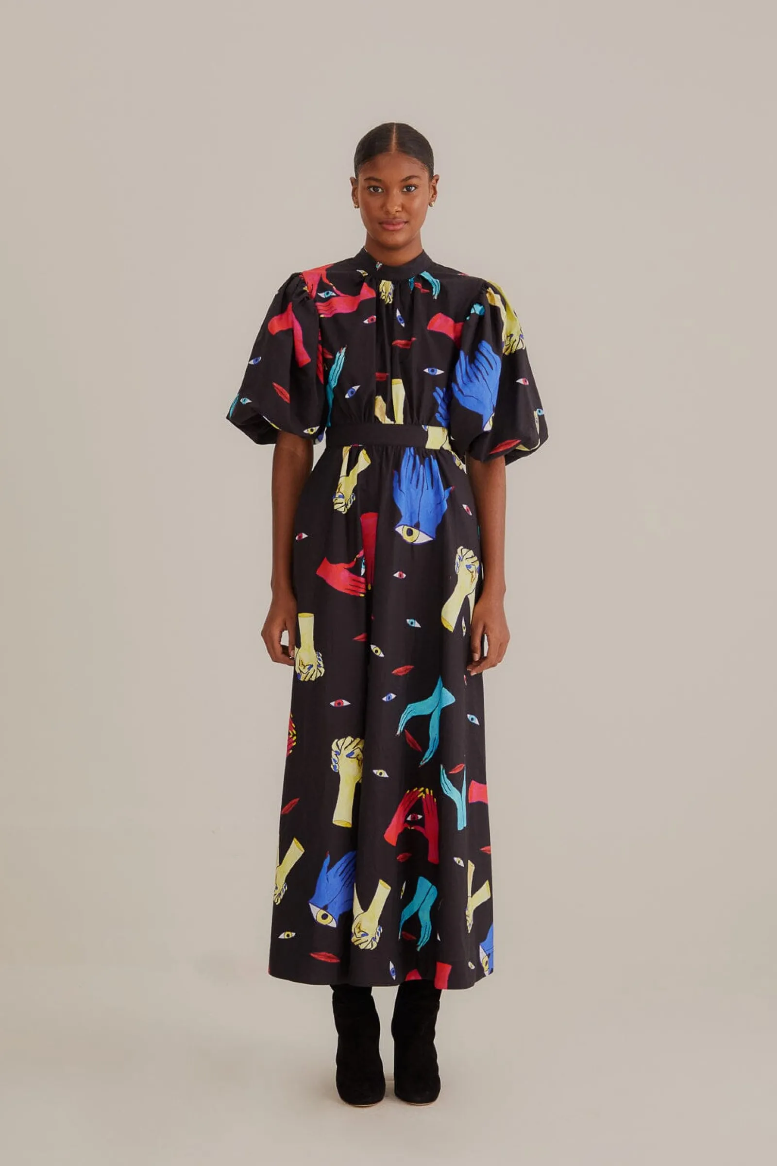 BLACK COLORFUL TOGETHER SHORT SLEEVE MIDI DRESS