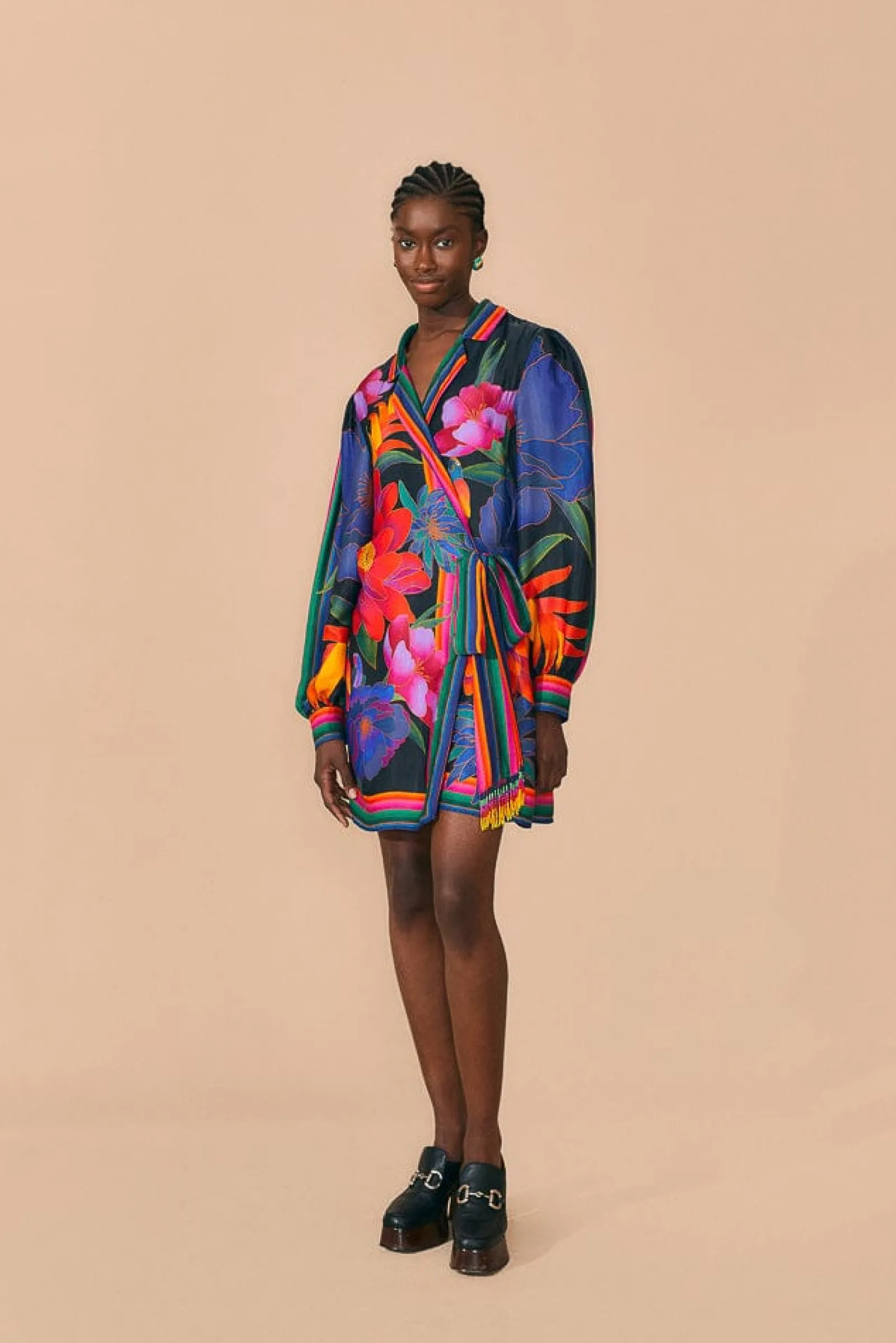 BLACK FLOWER SEASON SCARF MINI WRAP DRESS