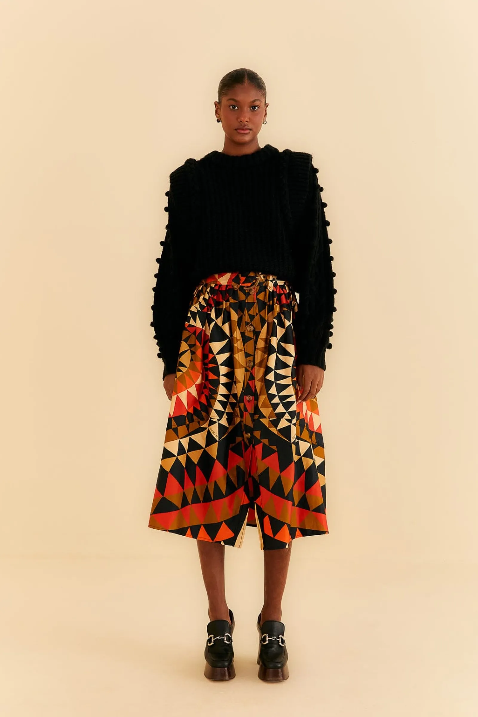 BLACK HEART DECO BUTTON DOWN MIDI SKIRT