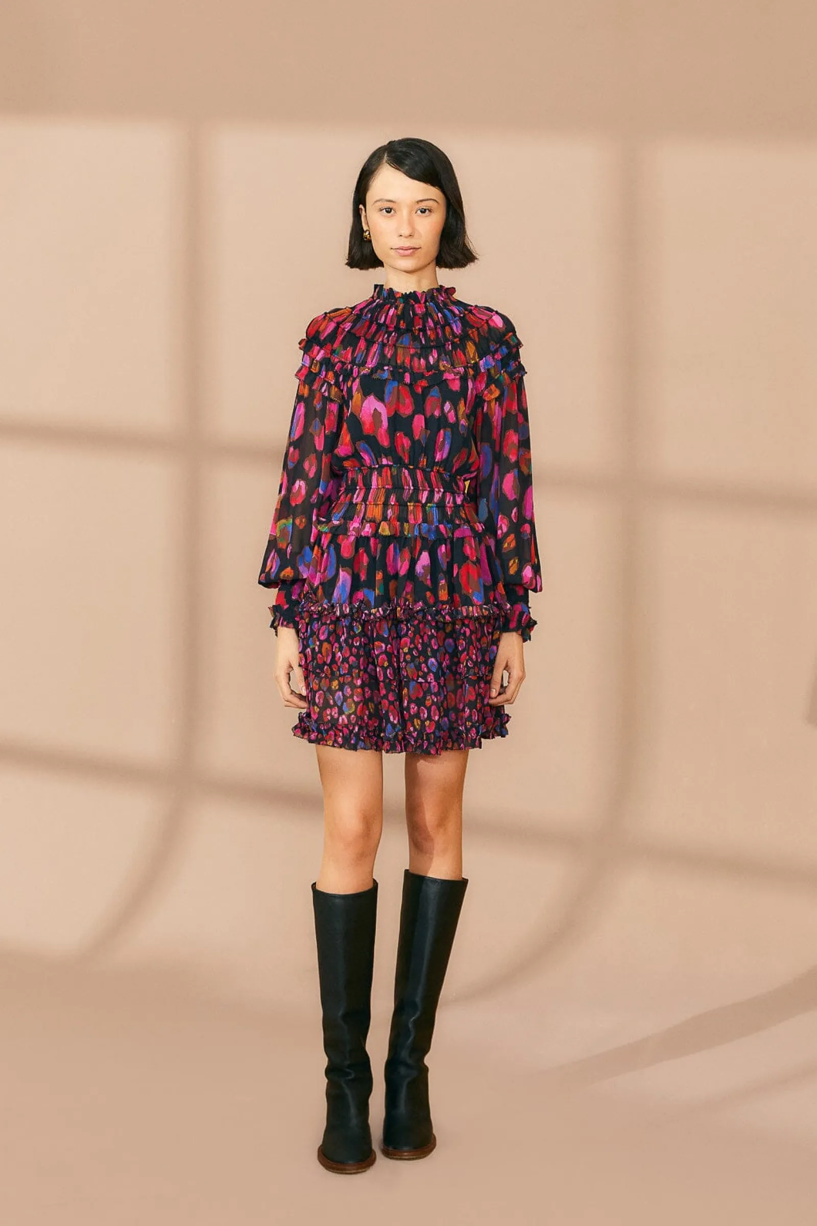  BLACK IRIDESCENT LEOPARDS RUFFLE MINI DRESS