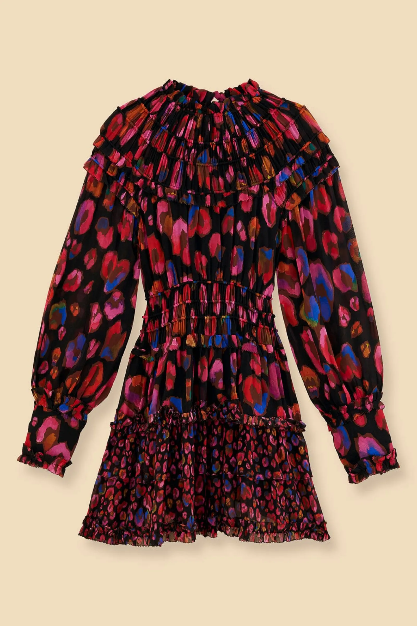 BLACK IRIDESCENT LEOPARDS RUFFLE MINI DRESS