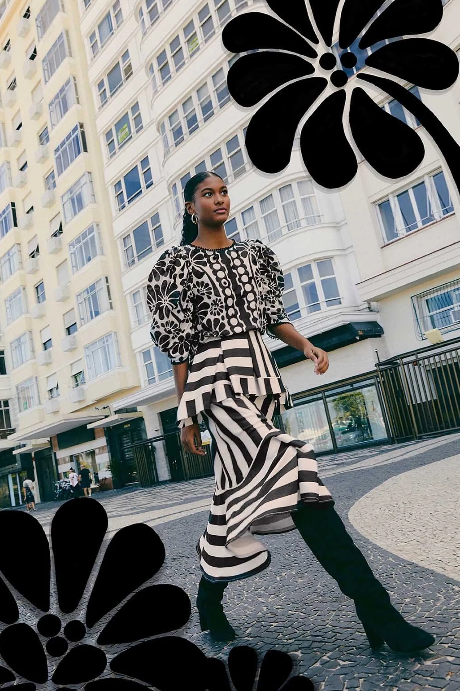 BLACK MIXED STRIPES MIDI SKIRT