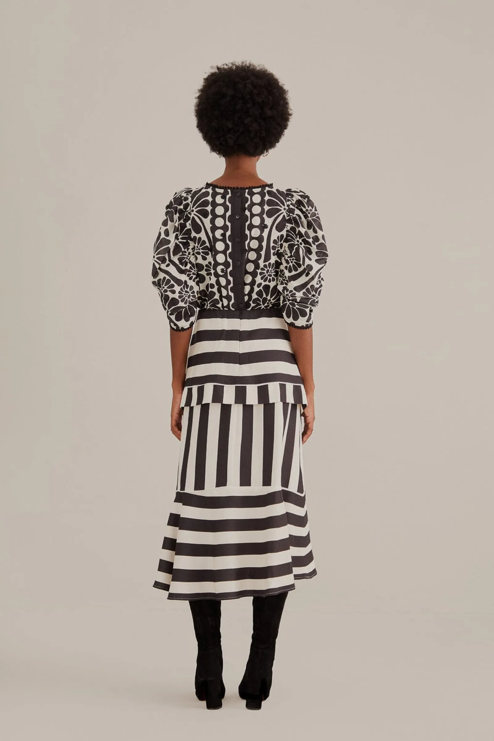 BLACK MIXED STRIPES MIDI SKIRT