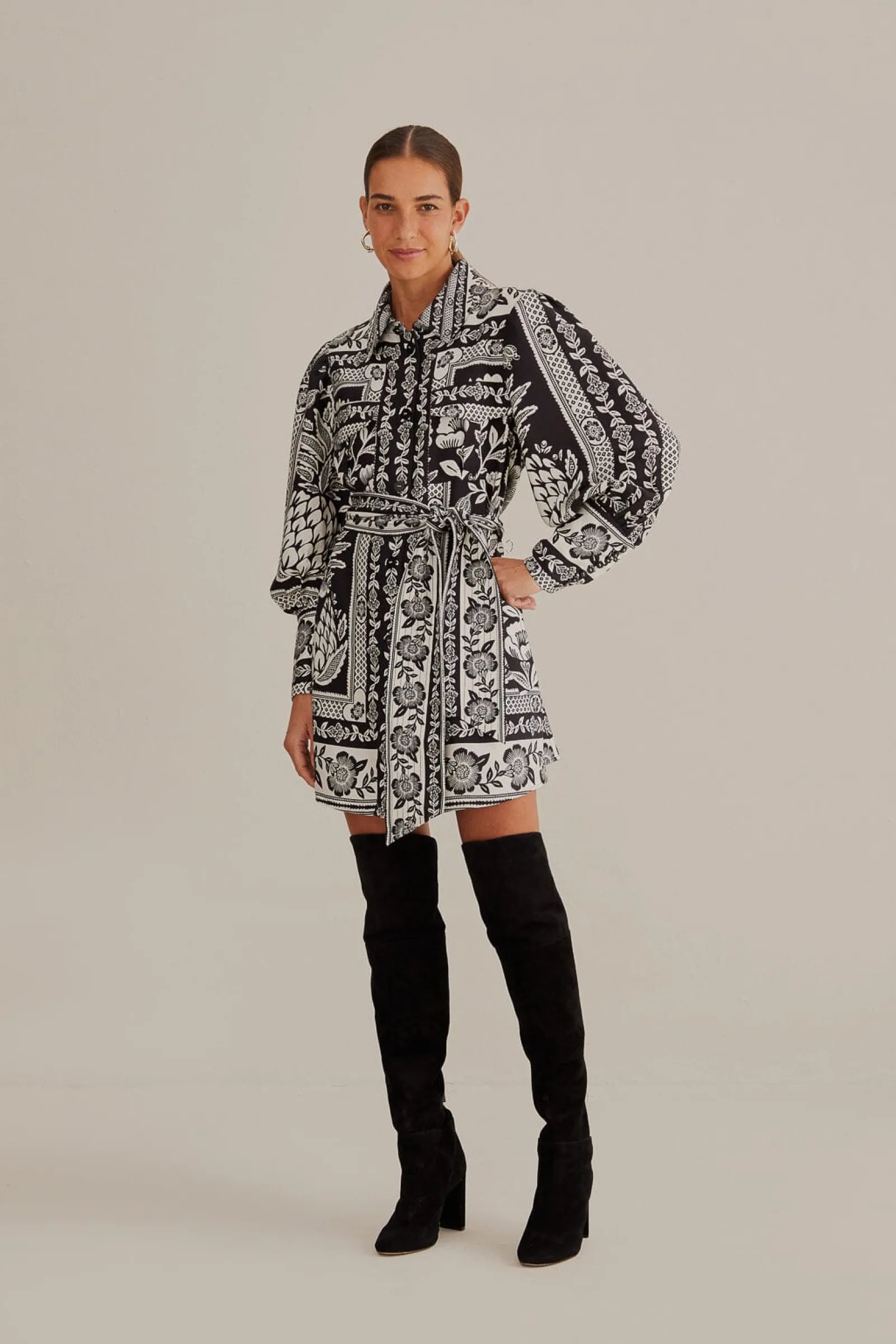 BLACK PINEAPPLE GARDEN LONG SLEEVE SHIRTDRESS