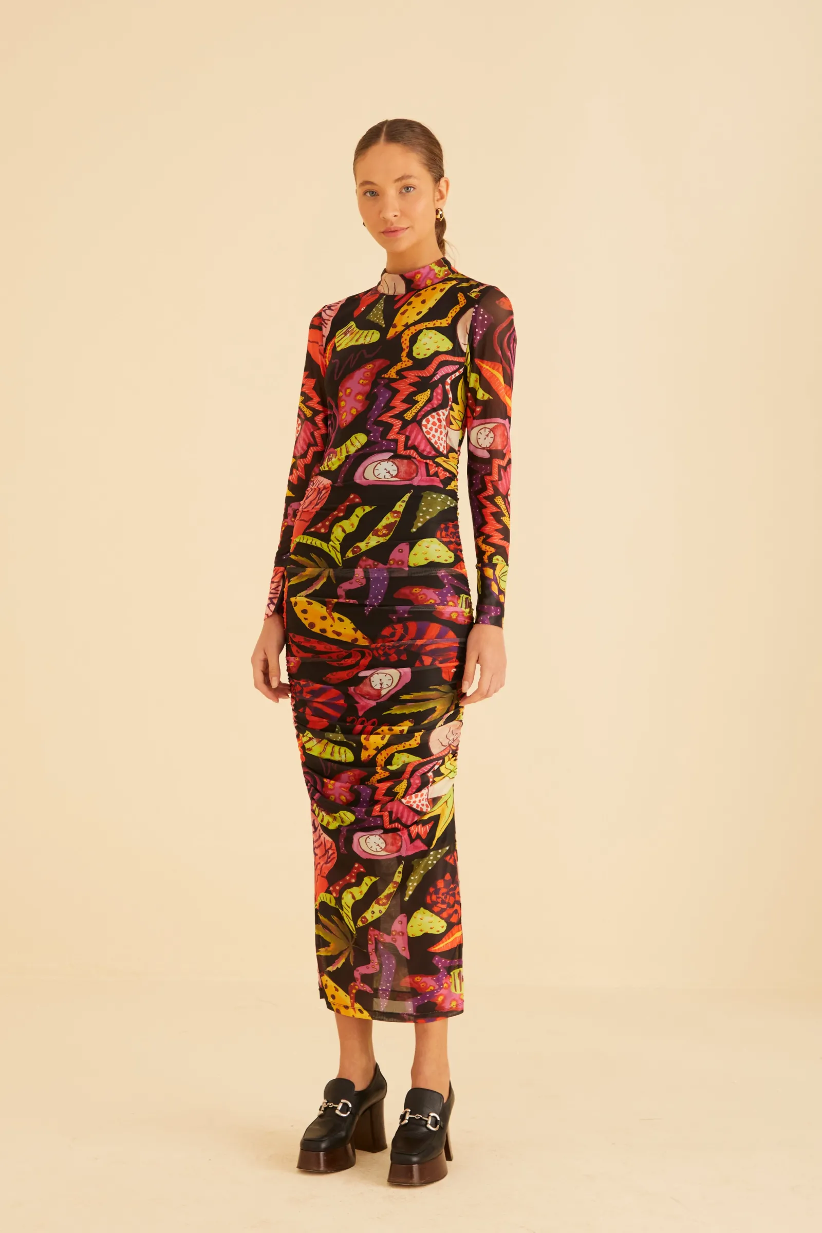 BLACK PSYCHEDELIC GARDEN TULLE MIDI DRESS