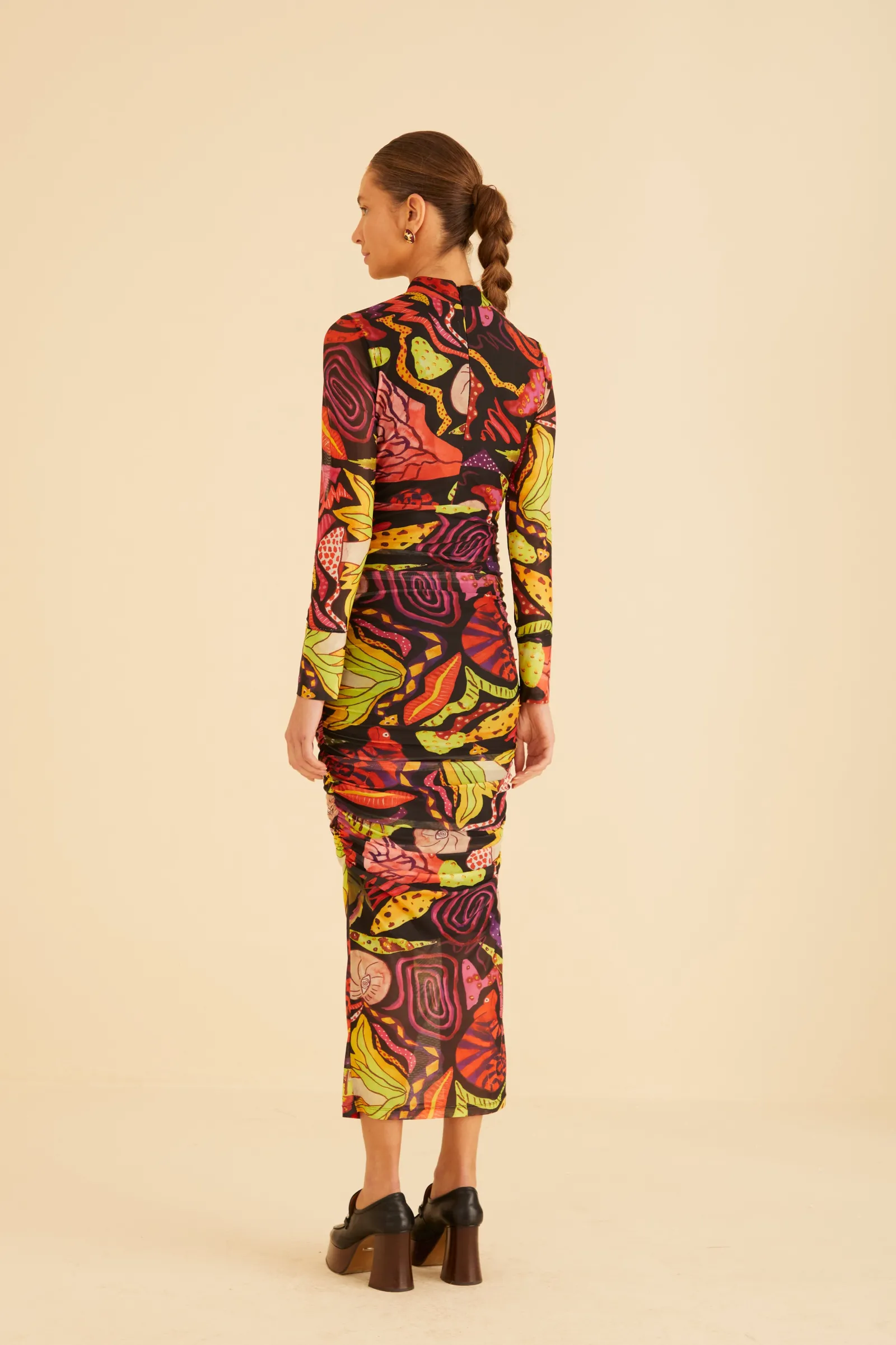 BLACK PSYCHEDELIC GARDEN TULLE MIDI DRESS