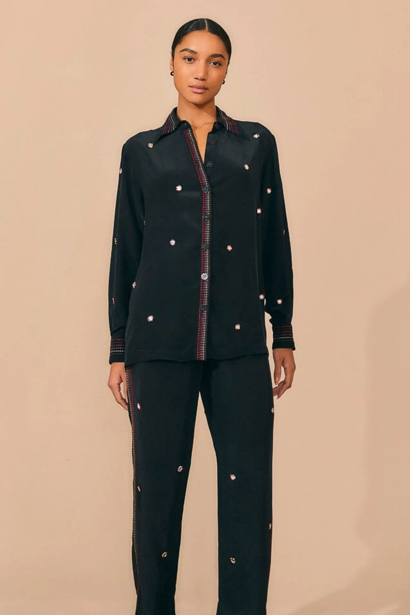 BLACK RAINBOW BEADED MIRROR TRIM PANTS