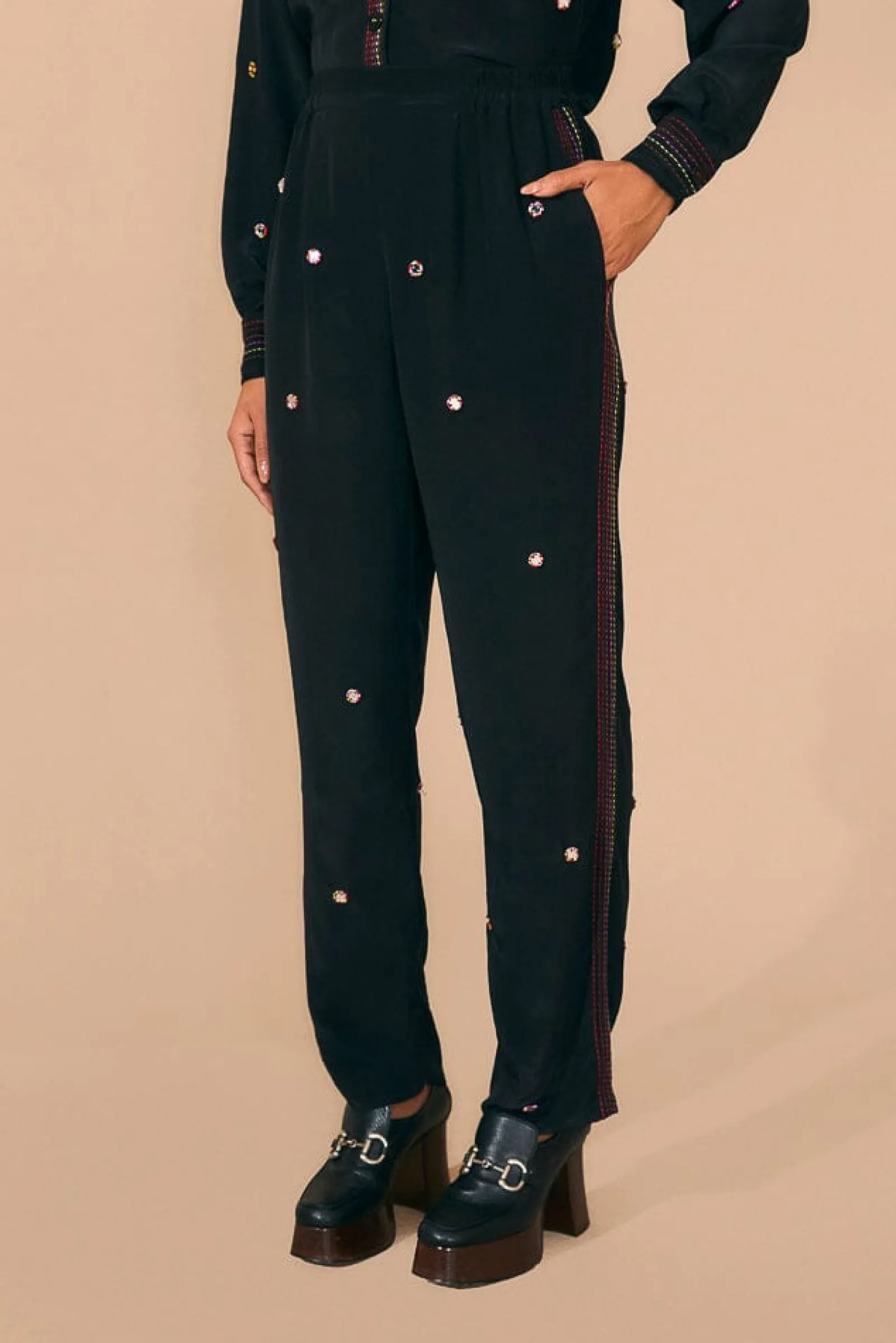 BLACK RAINBOW BEADED MIRROR TRIM PANTS