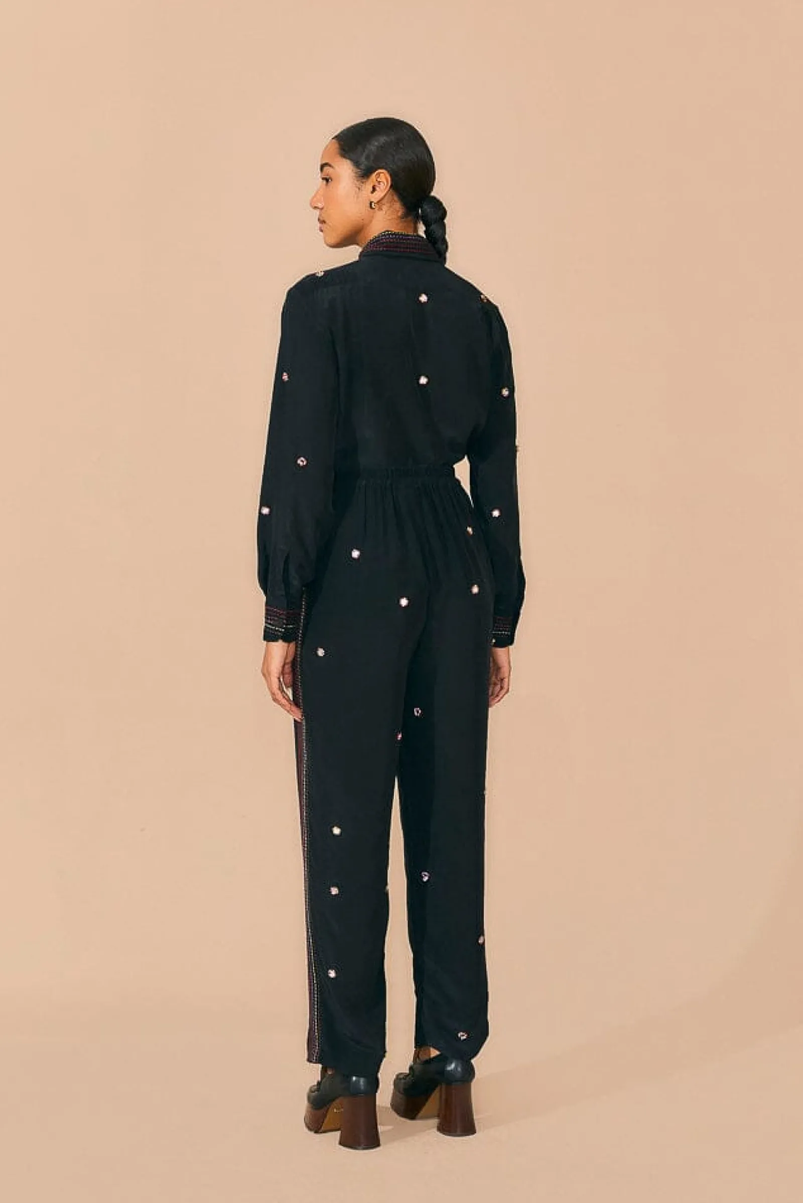 BLACK RAINBOW BEADED MIRROR TRIM PANTS