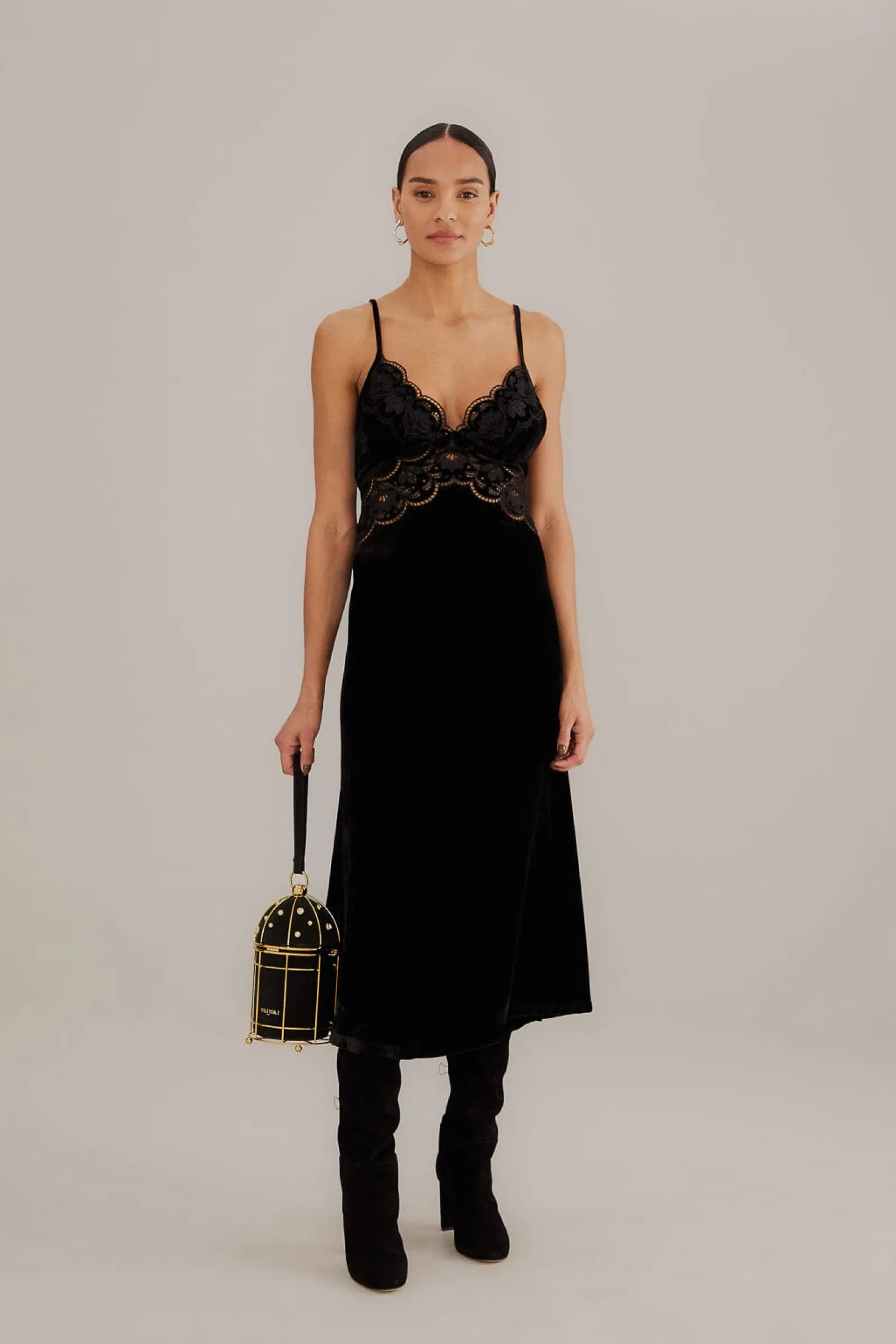  BLACK RICHELIEU VELVET SLIP DRESS