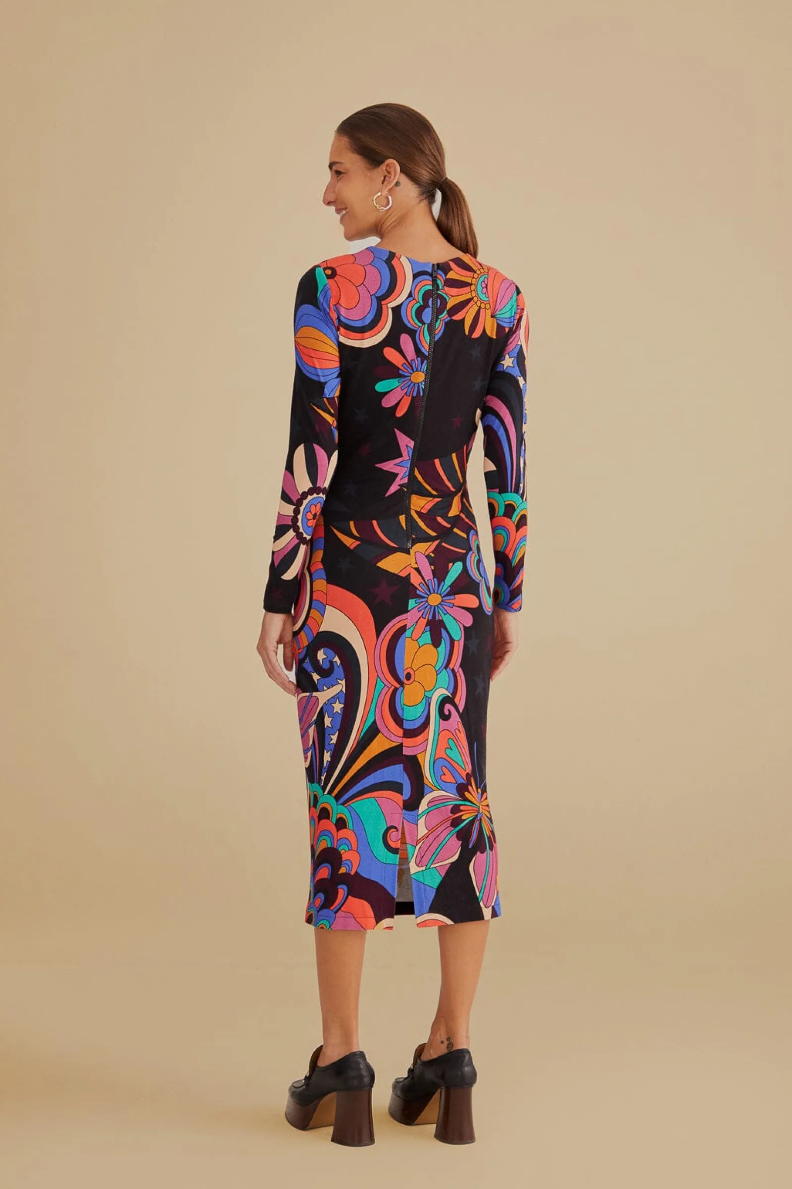 BLACK 70S VIBE LENZING™ ECOVERO™ VISCOSE MIDI DRESS