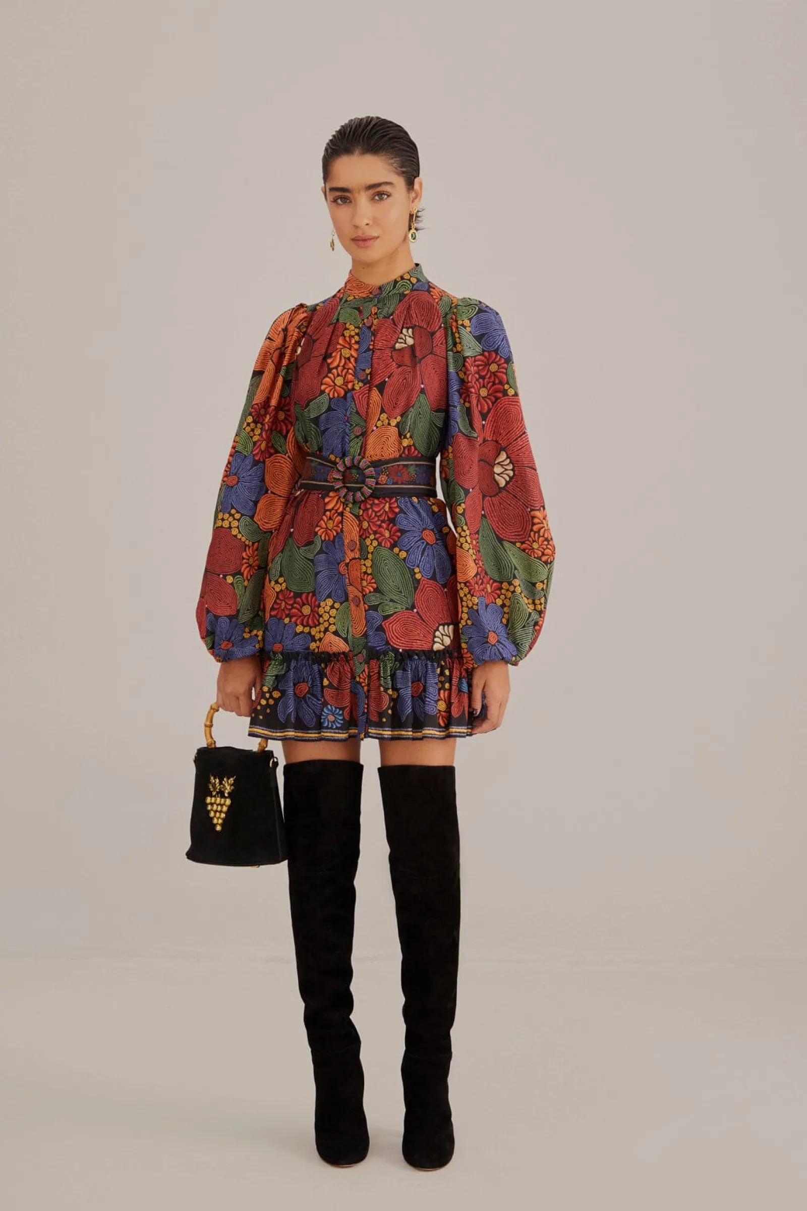  BLACK STITCHED FLOWERS LONG SLEEVE MINI DRESS