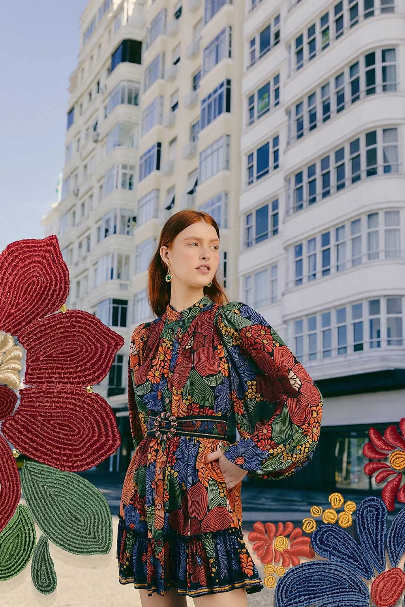 BLACK STITCHED FLOWERS LONG SLEEVE MINI DRESS
