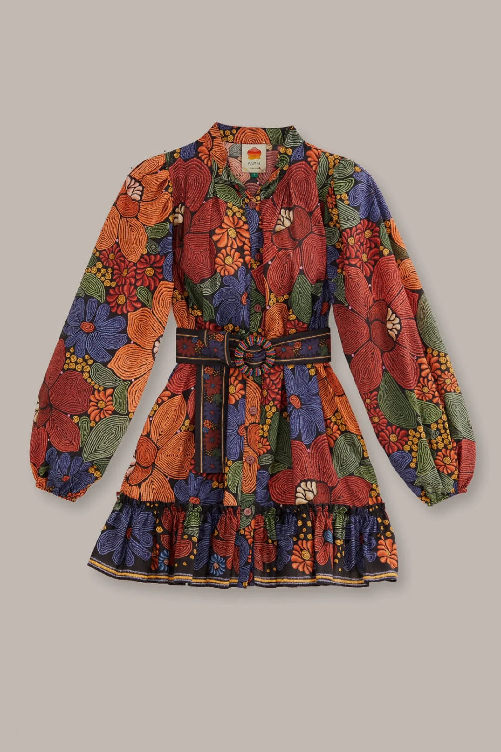 BLACK STITCHED FLOWERS LONG SLEEVE MINI DRESS