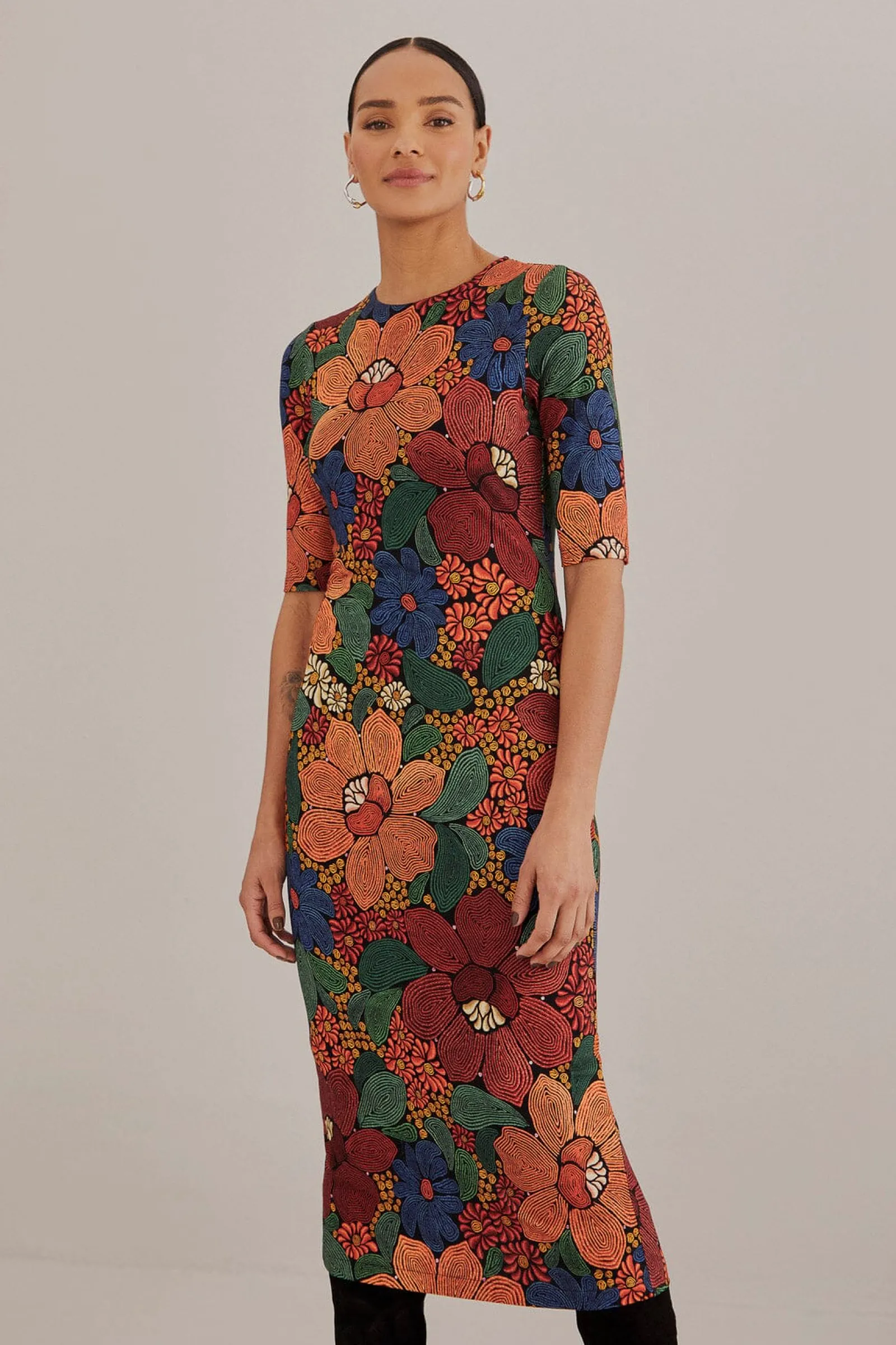 BLACK STITCHED FLOWERS LENZING™ ECOVERO™ VISCOSE MIDI DRESS