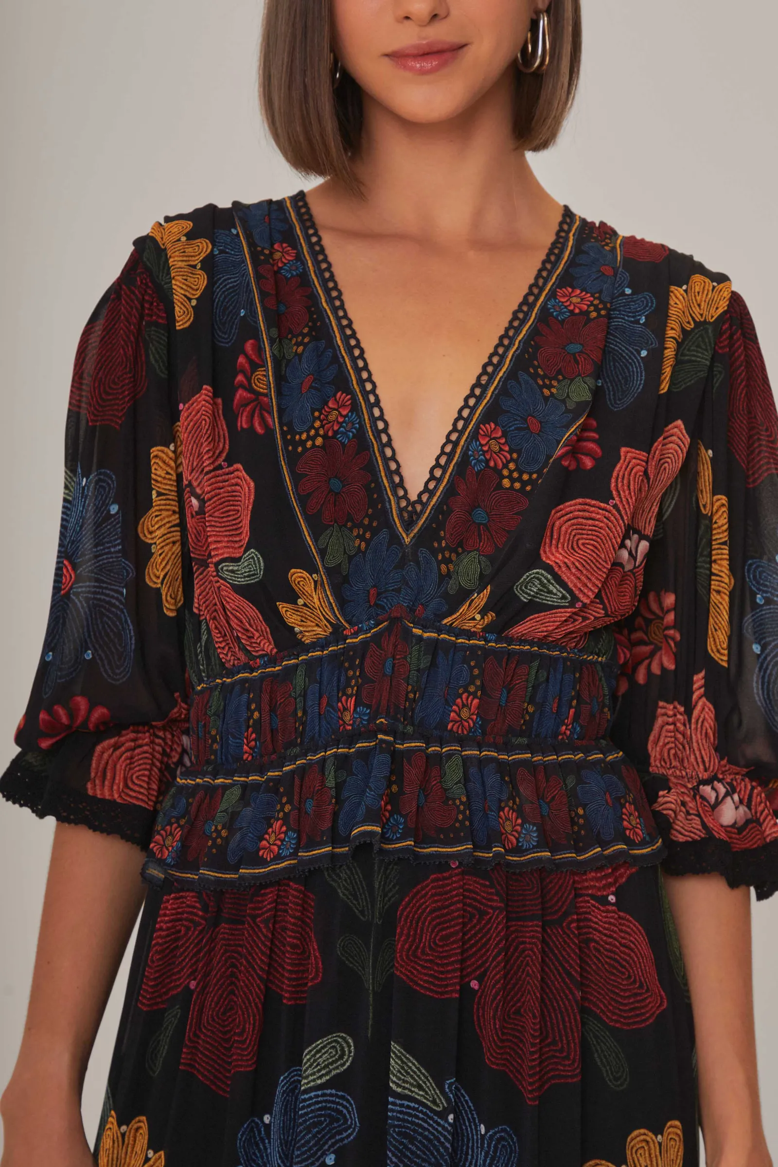 BLACK STITCHED GARDEN SHORT SLEEVE MAXI DRESS