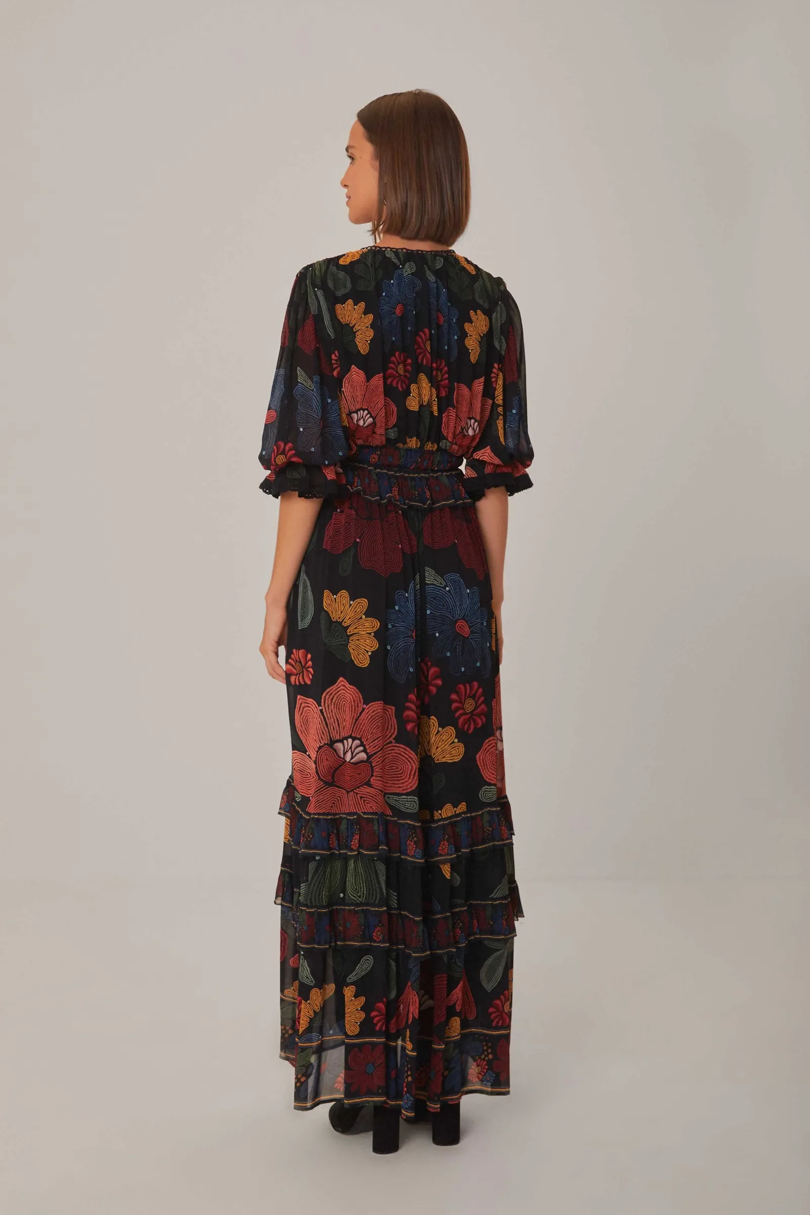 BLACK STITCHED GARDEN SHORT SLEEVE MAXI DRESS