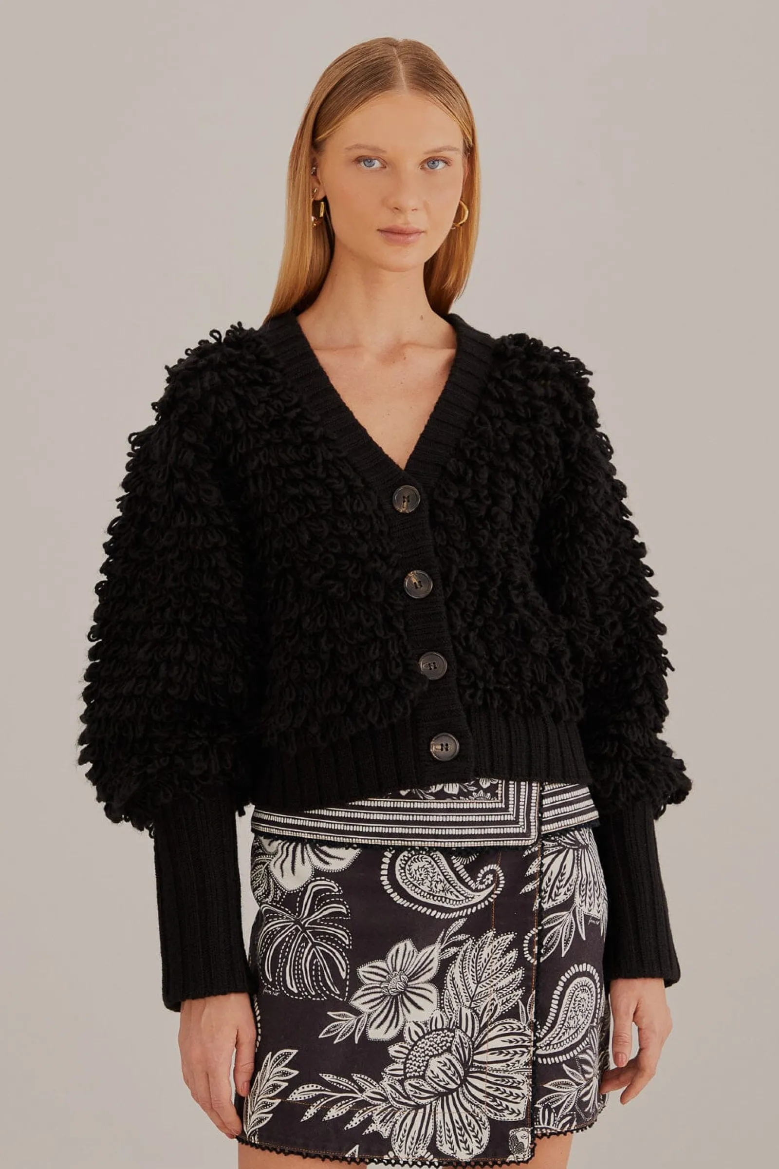  BLACK TEXTURED V NECK CARDIGAN