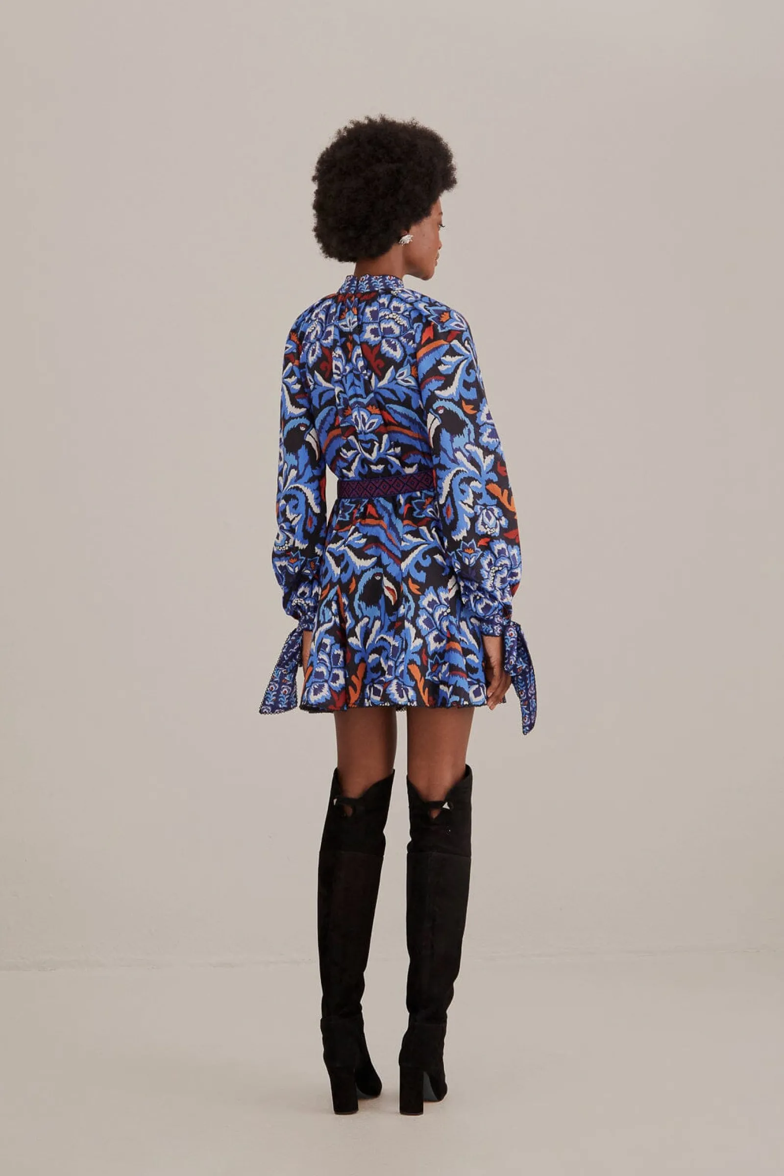 BLACK TOUCANS SCARF LONG SLEEVE MINI DRESS