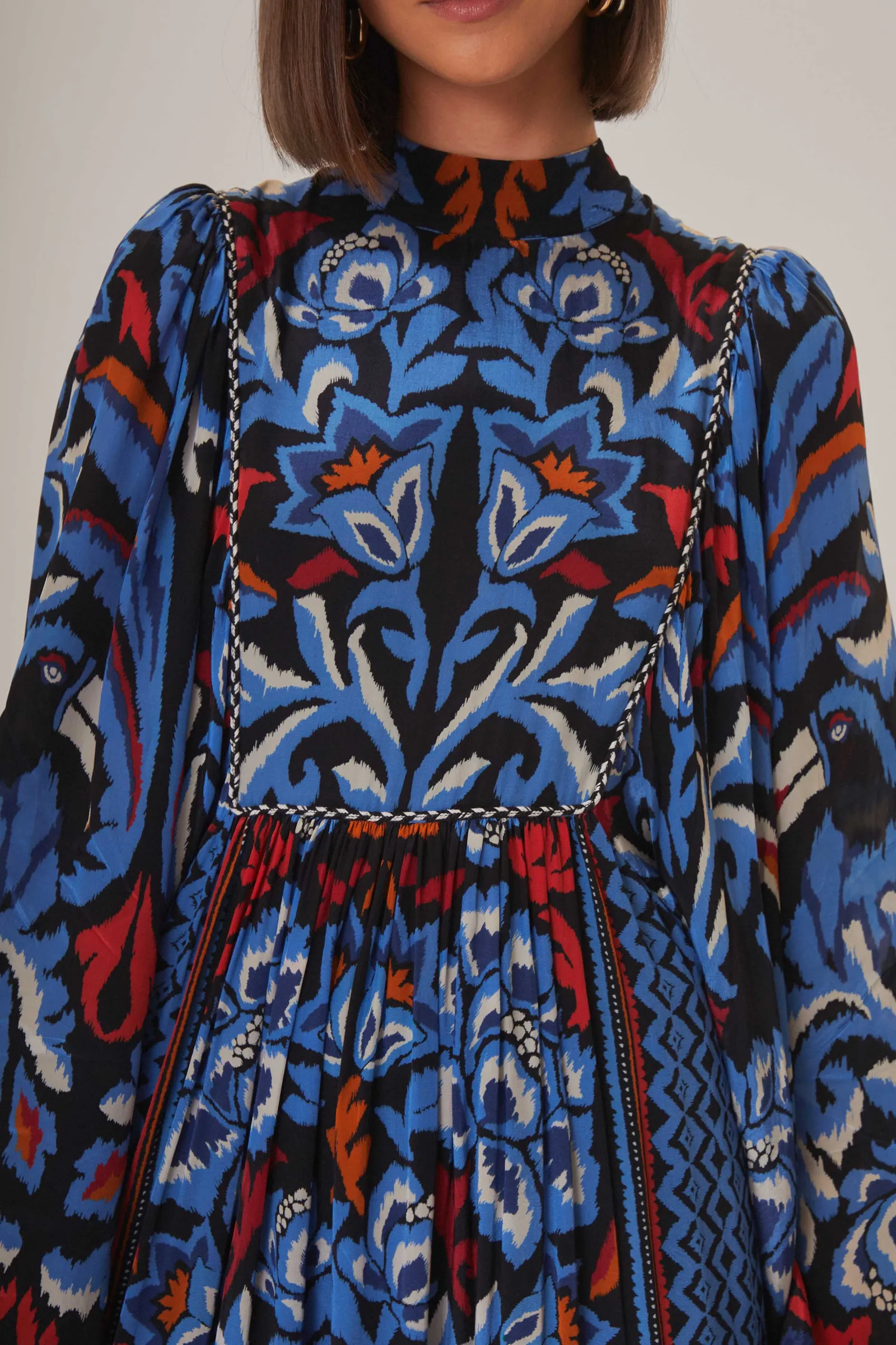 BLACK TOUCANS SCARF LONG SLEEVE MAXI DRESS