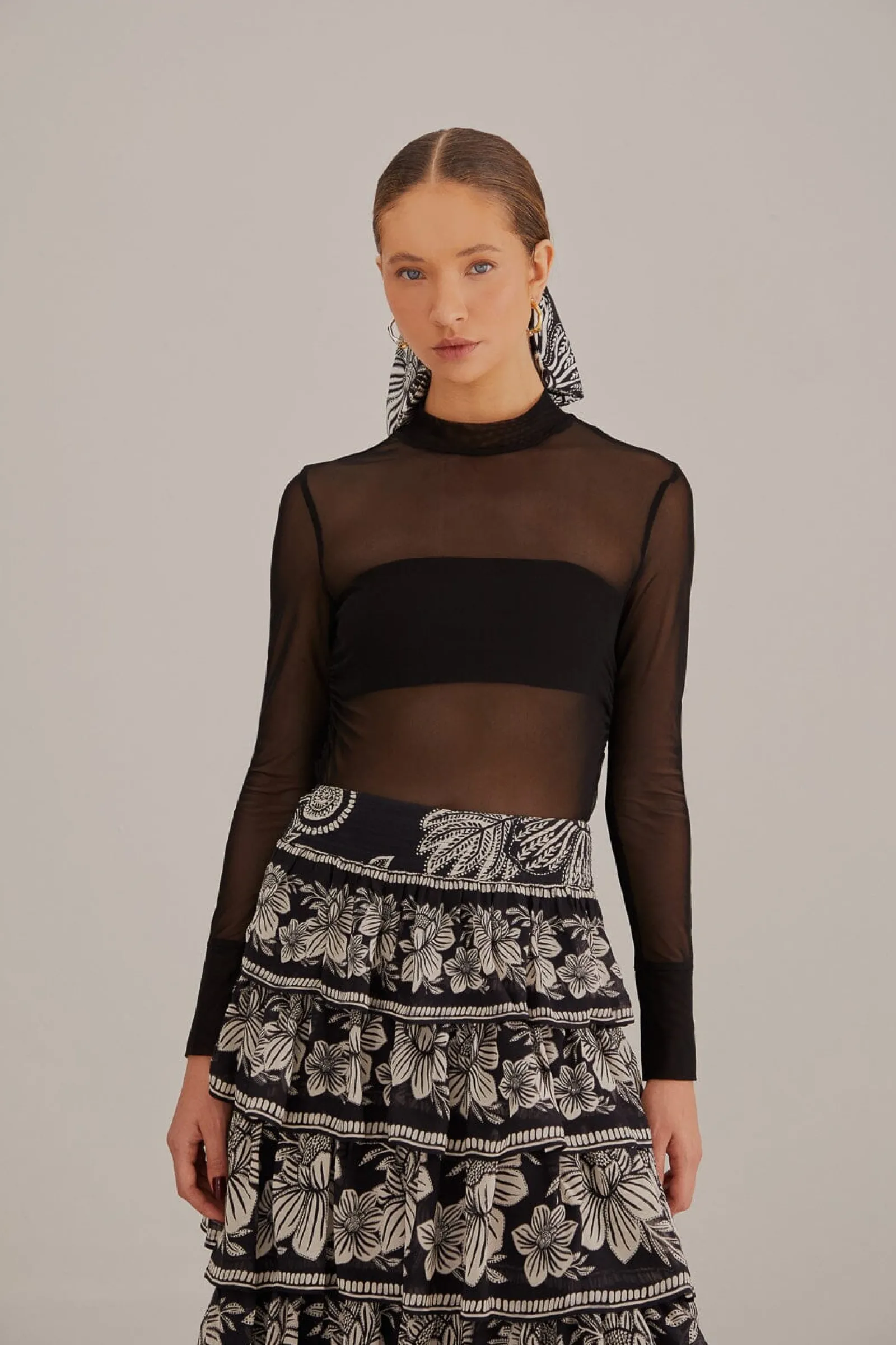  BLACK TULLE LONG SLEEVE BLOUSE