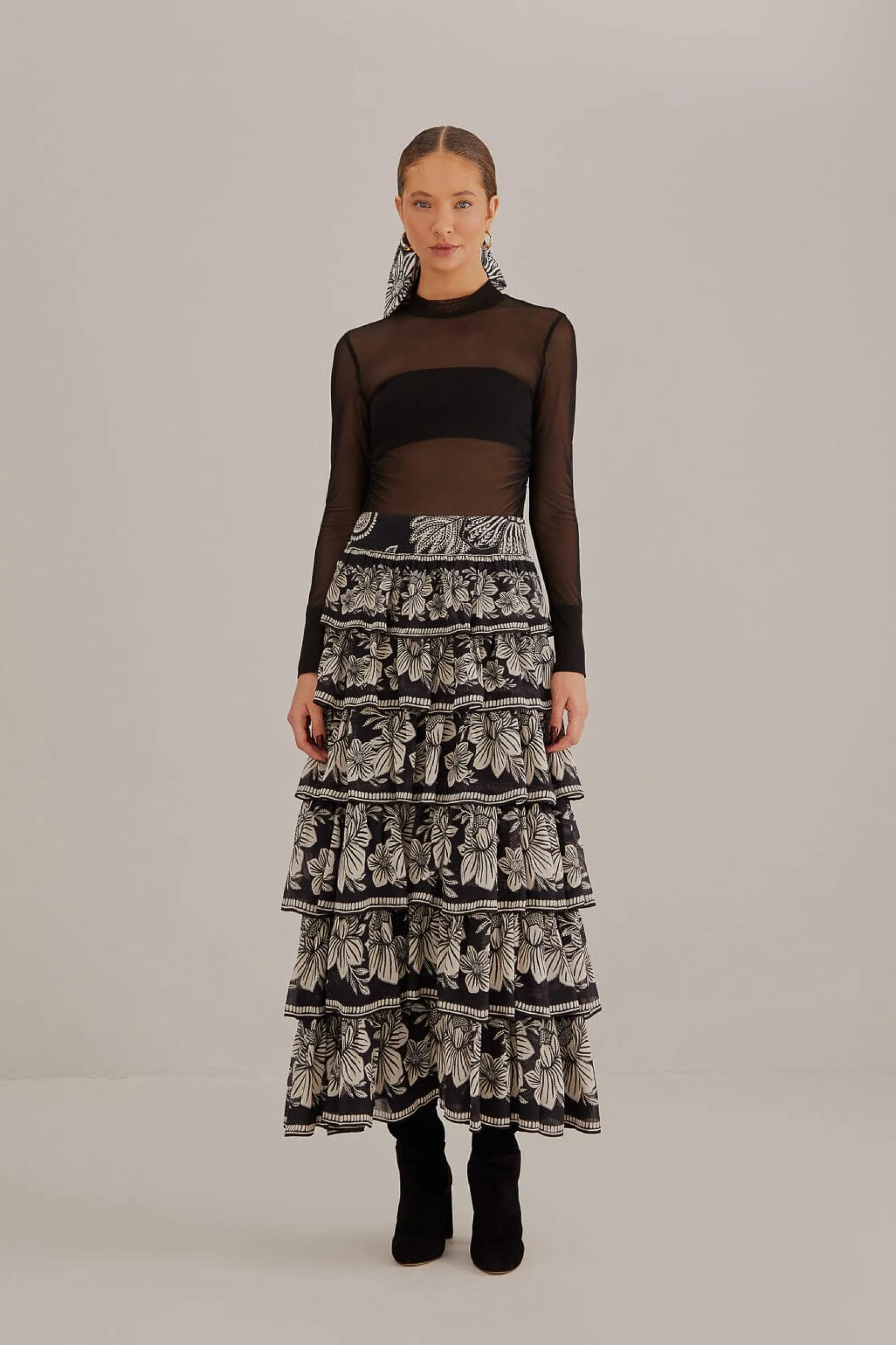 BLACK TULLE LONG SLEEVE BLOUSE