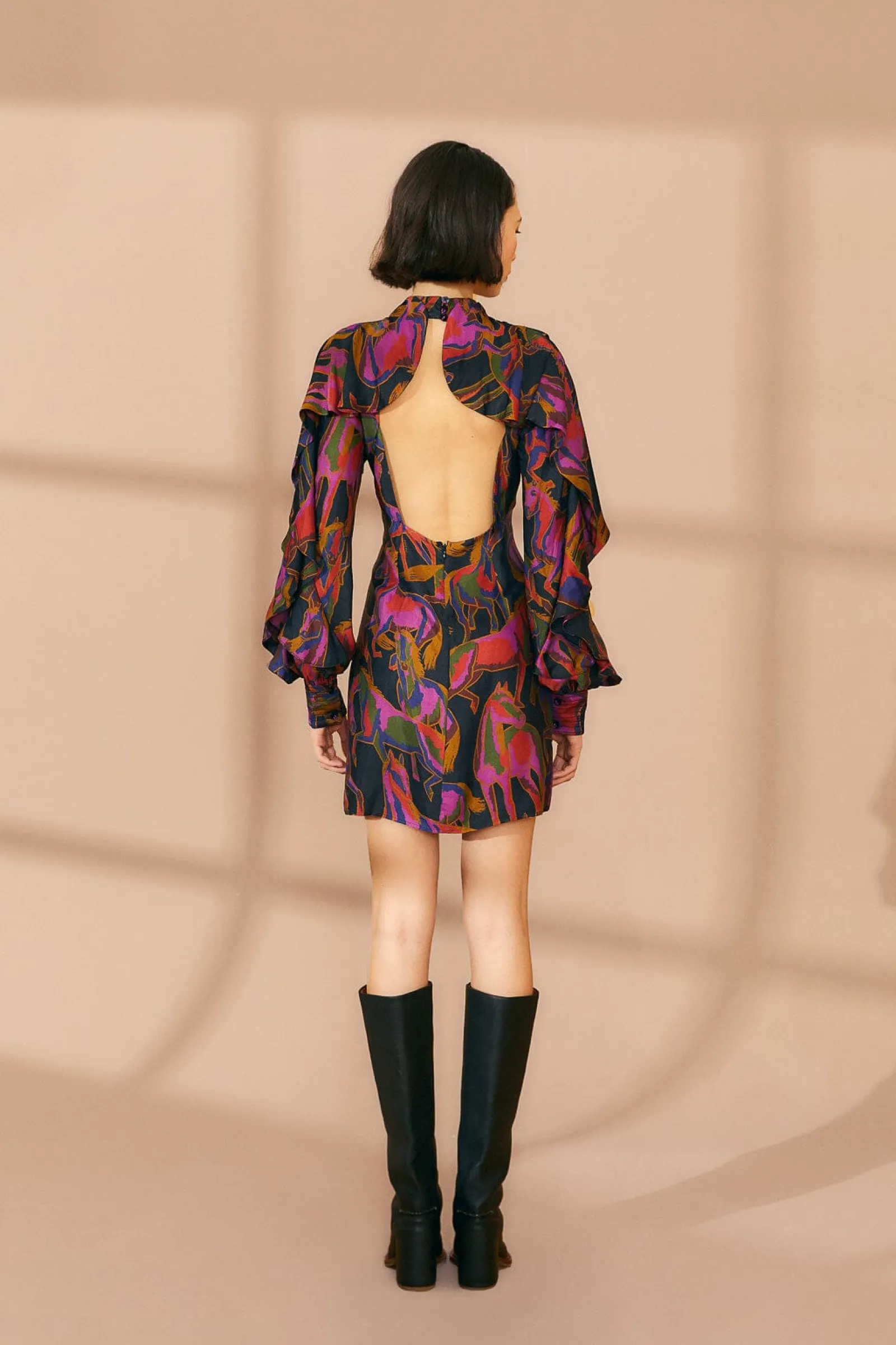 BLACK WILD HORSES BACKLESS MINI DRESS