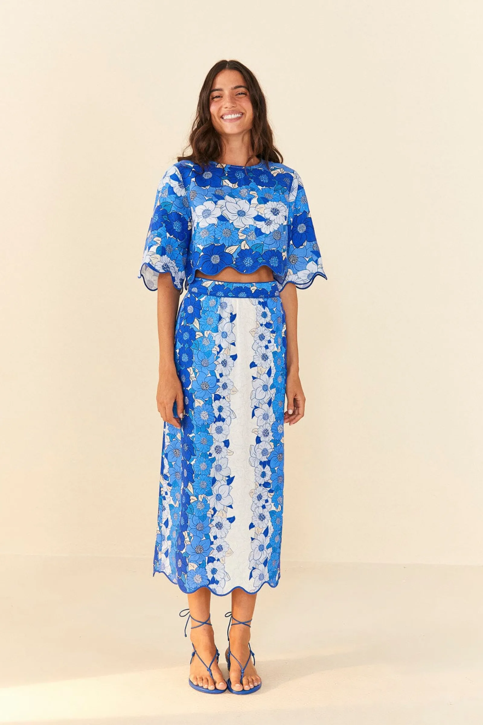  BLUE FLOWER STRIPES MIDI SKIRT