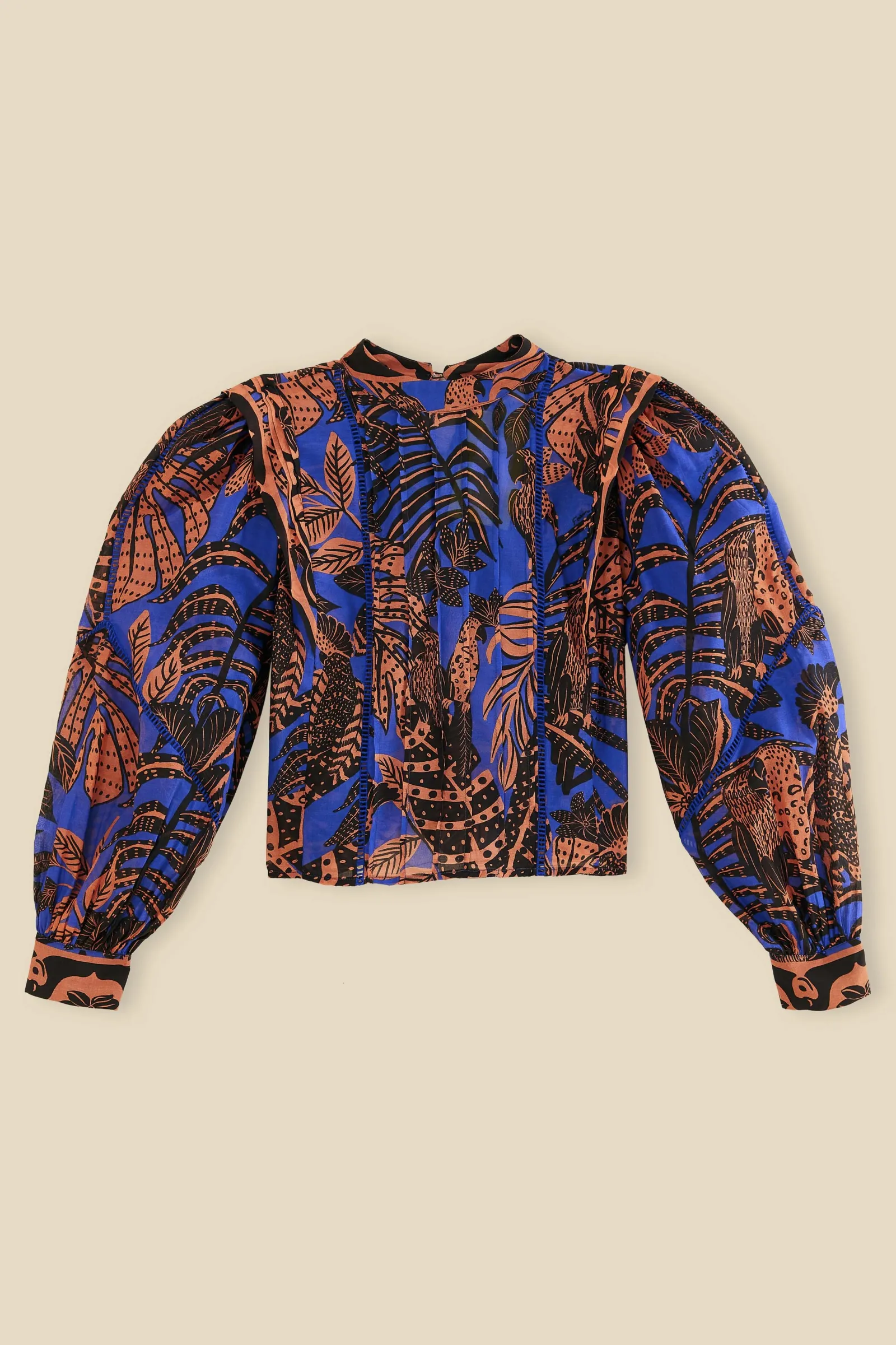 BLUE TROPICAL GOLD PLEATED LONG SLEEVE BLOUSE