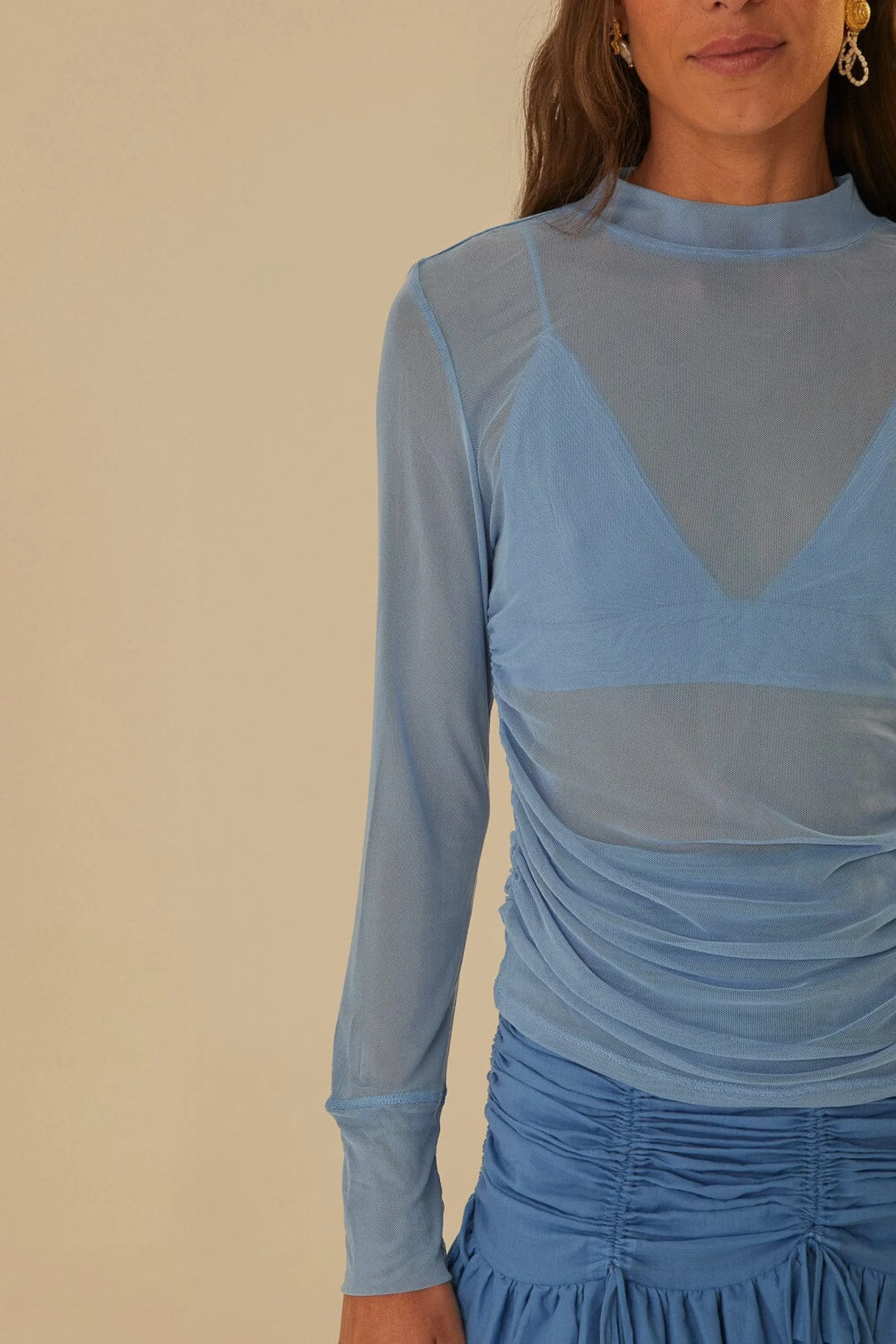 BLUE TULLE LONG SLEEVED BLOUSE