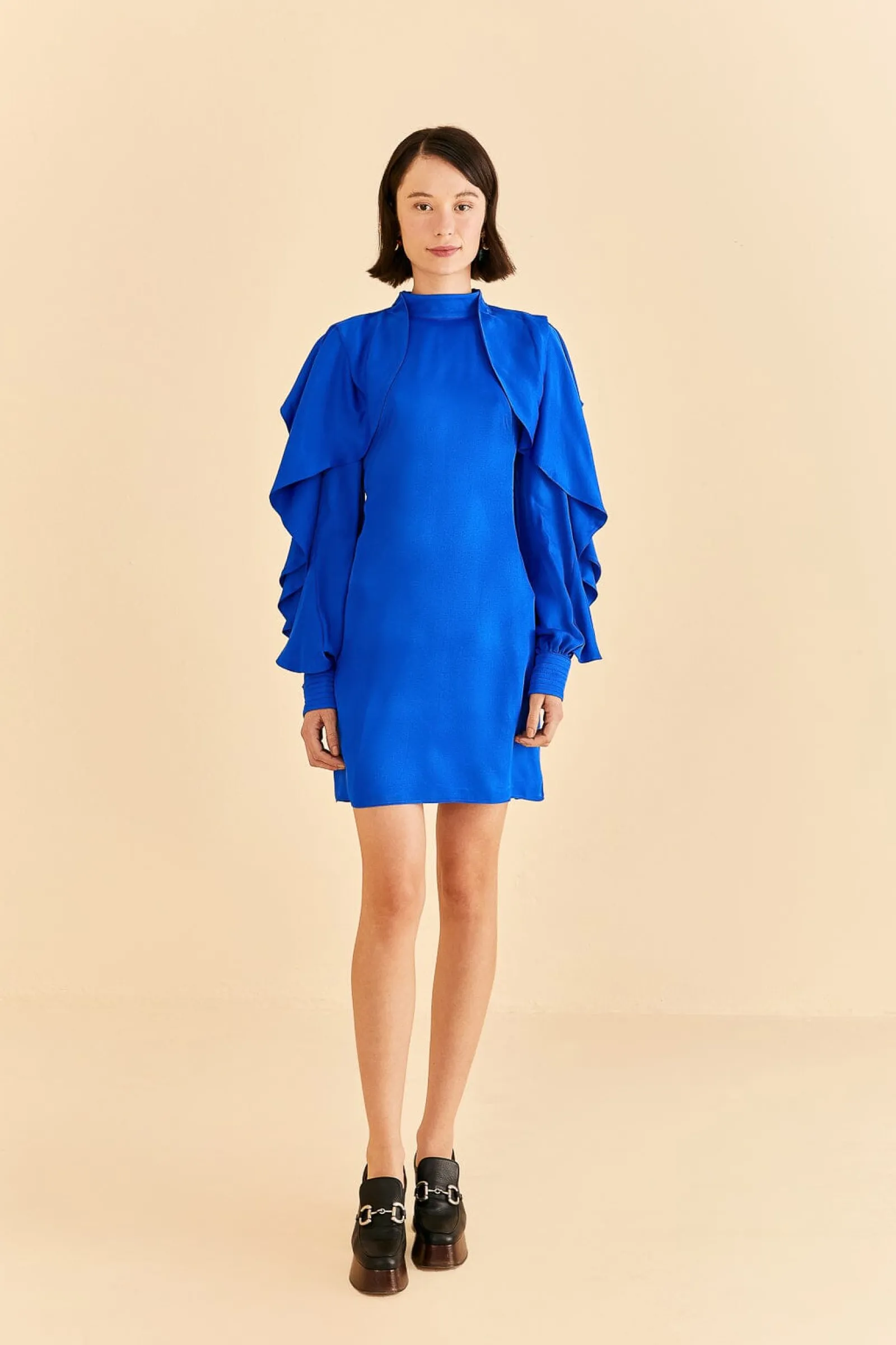 BRIGHT BLUE BACKLESS RUFFLE SLEEVE MINI DRESS