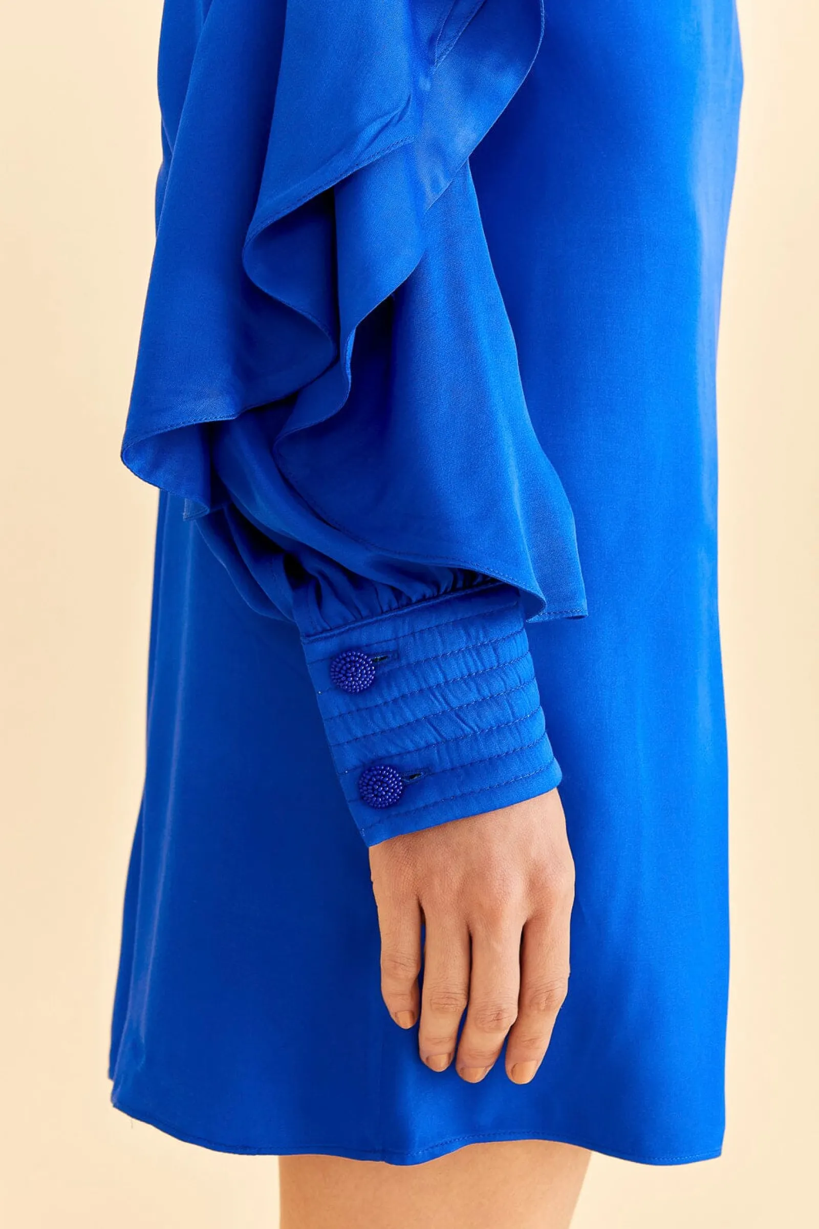 BRIGHT BLUE BACKLESS RUFFLE SLEEVE MINI DRESS