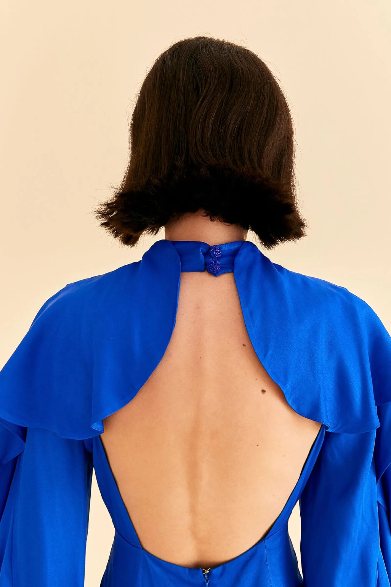 BRIGHT BLUE BACKLESS RUFFLE SLEEVE MINI DRESS