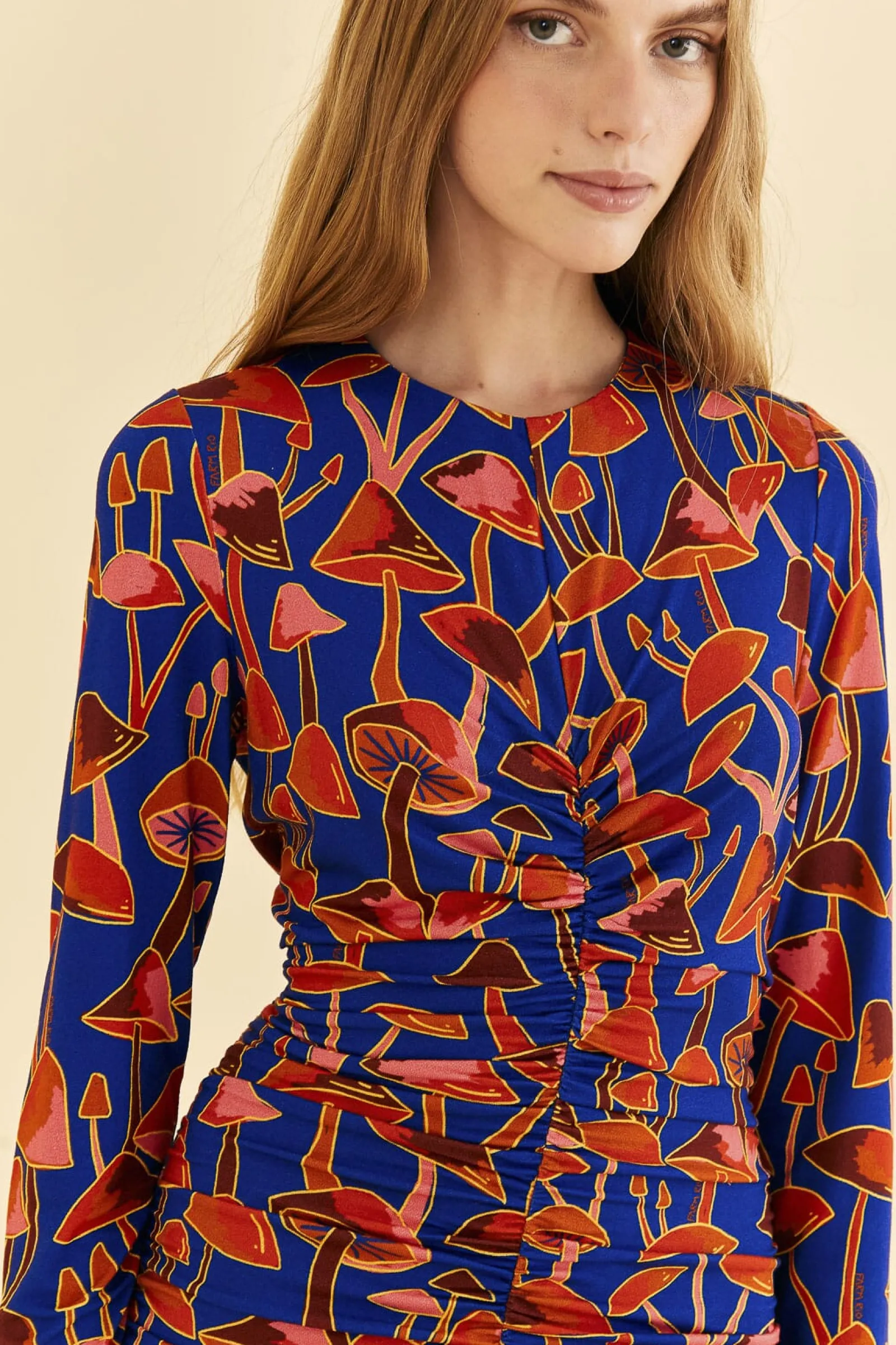 BRIGHT BLUE MUSHROOM SKETCH LENZING™ ECOVERO™ VISCOSE MIDI DRESS