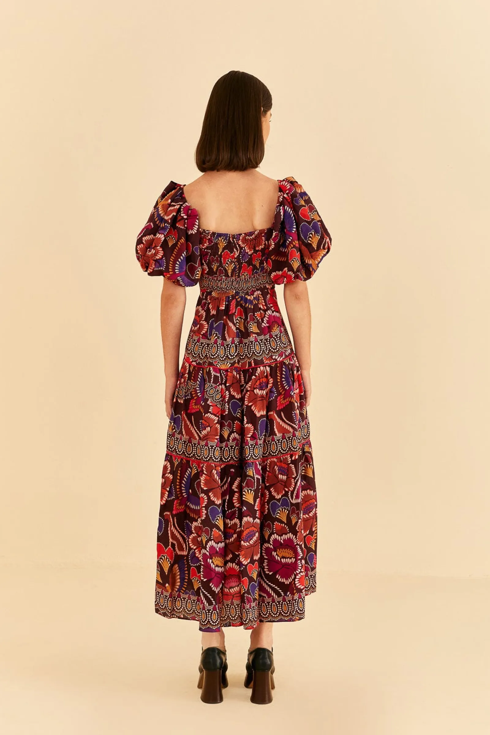 BROWN BRIGHT FLORA SHORT SLEEVE MIDI DRESS