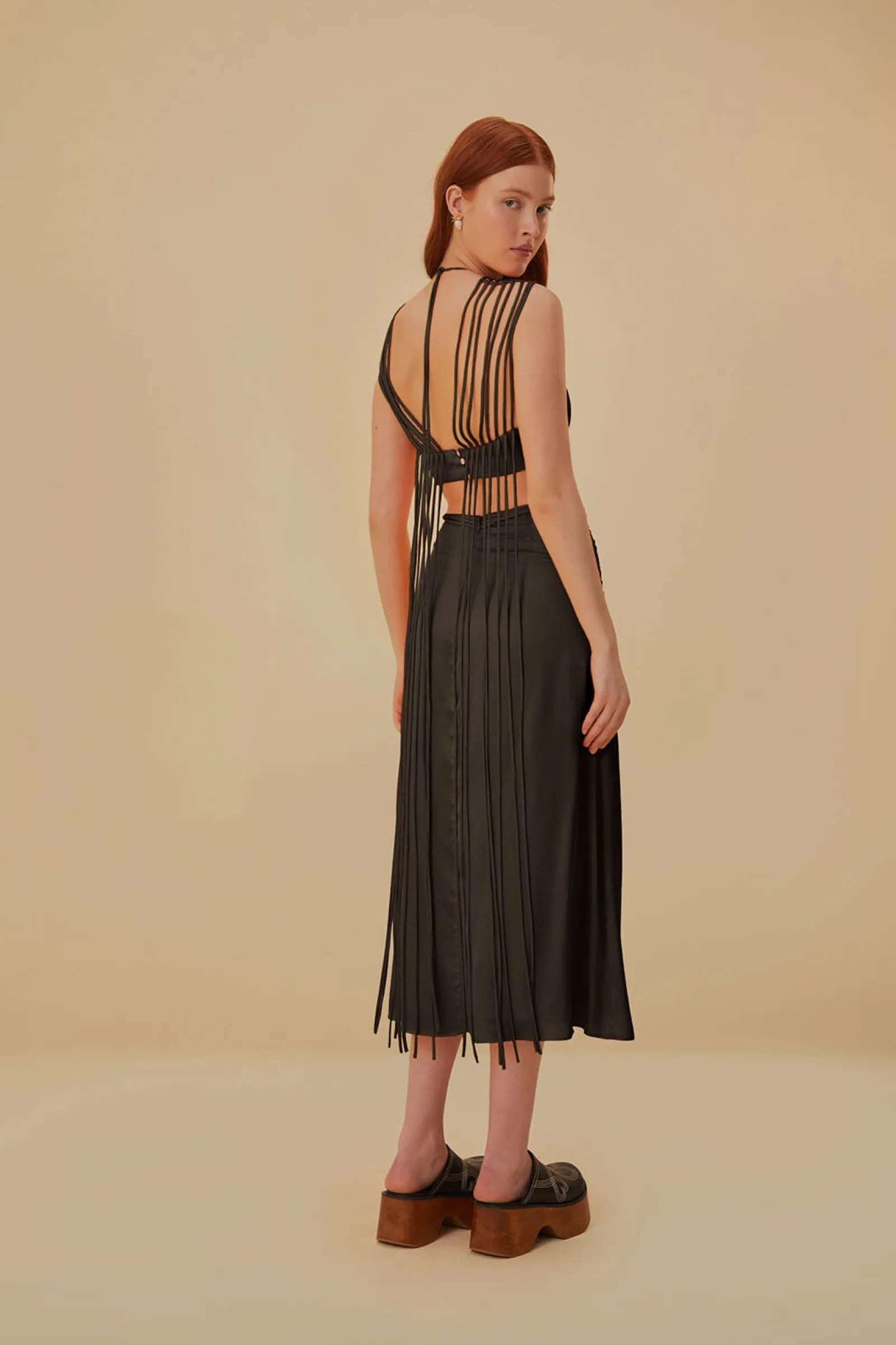 BROWN FRINGED SLEEVELESS MIDI DRESS