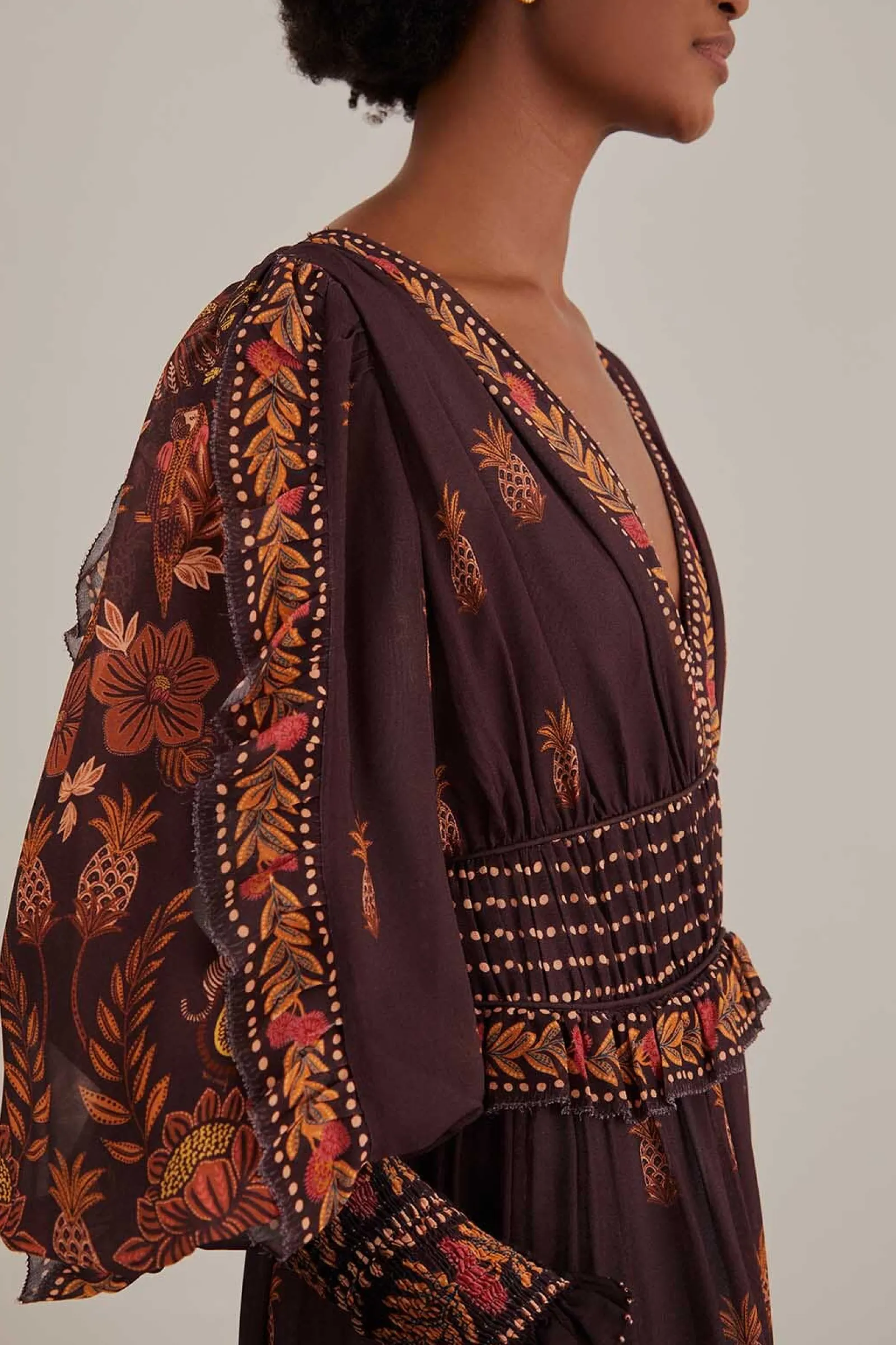 BROWN PAISLEY BLOOM LONG SLEEVE MAXI DRESS