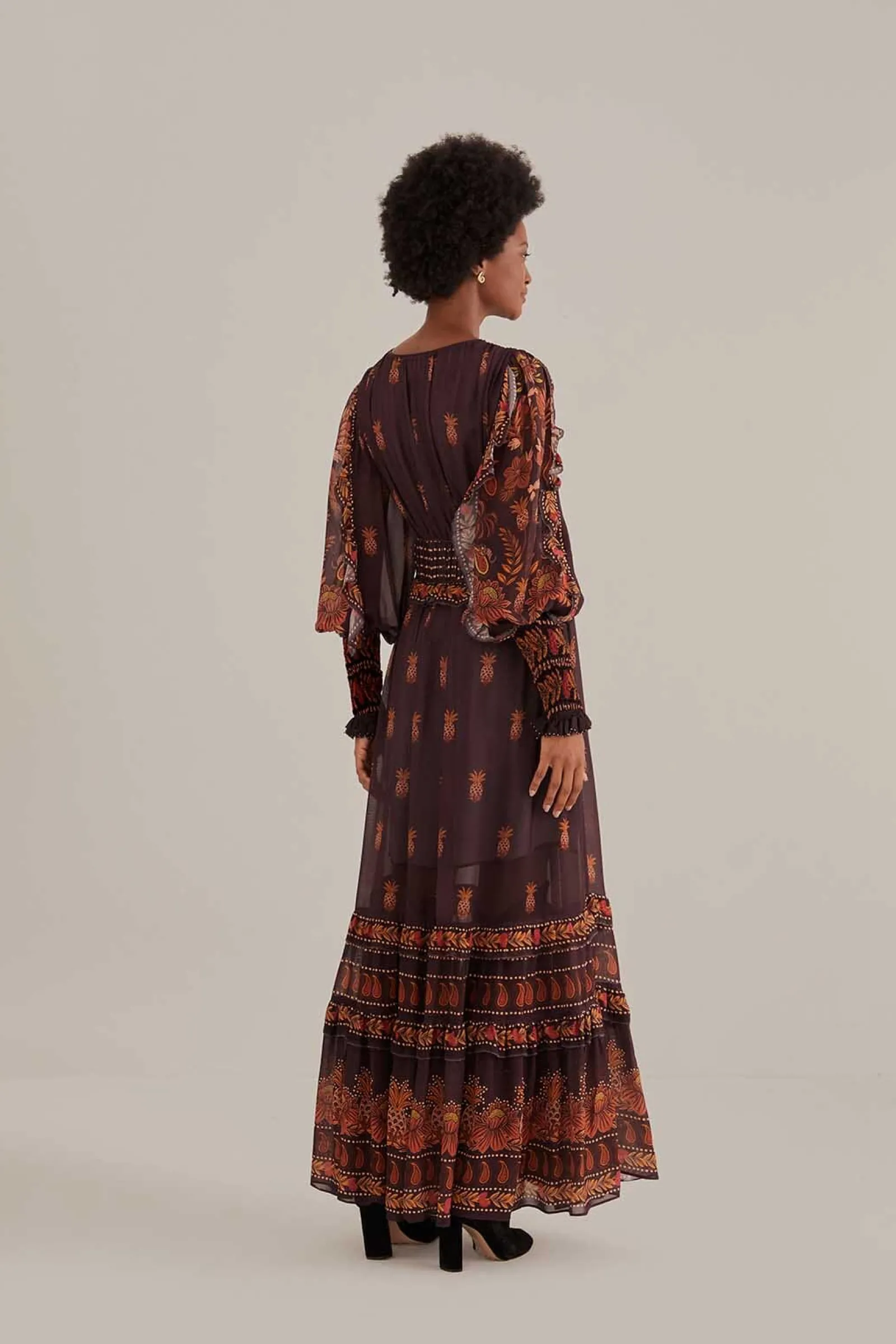 BROWN PAISLEY BLOOM LONG SLEEVE MAXI DRESS