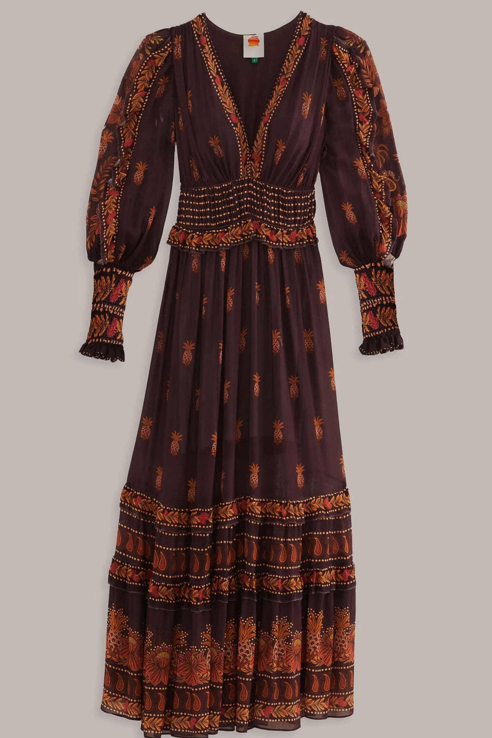 BROWN PAISLEY BLOOM LONG SLEEVE MAXI DRESS