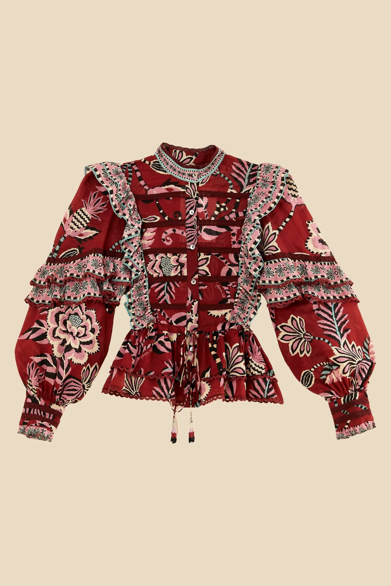 BURGUNDY PINEAPPLE INSPIRATION RUFFLE BLOUSE