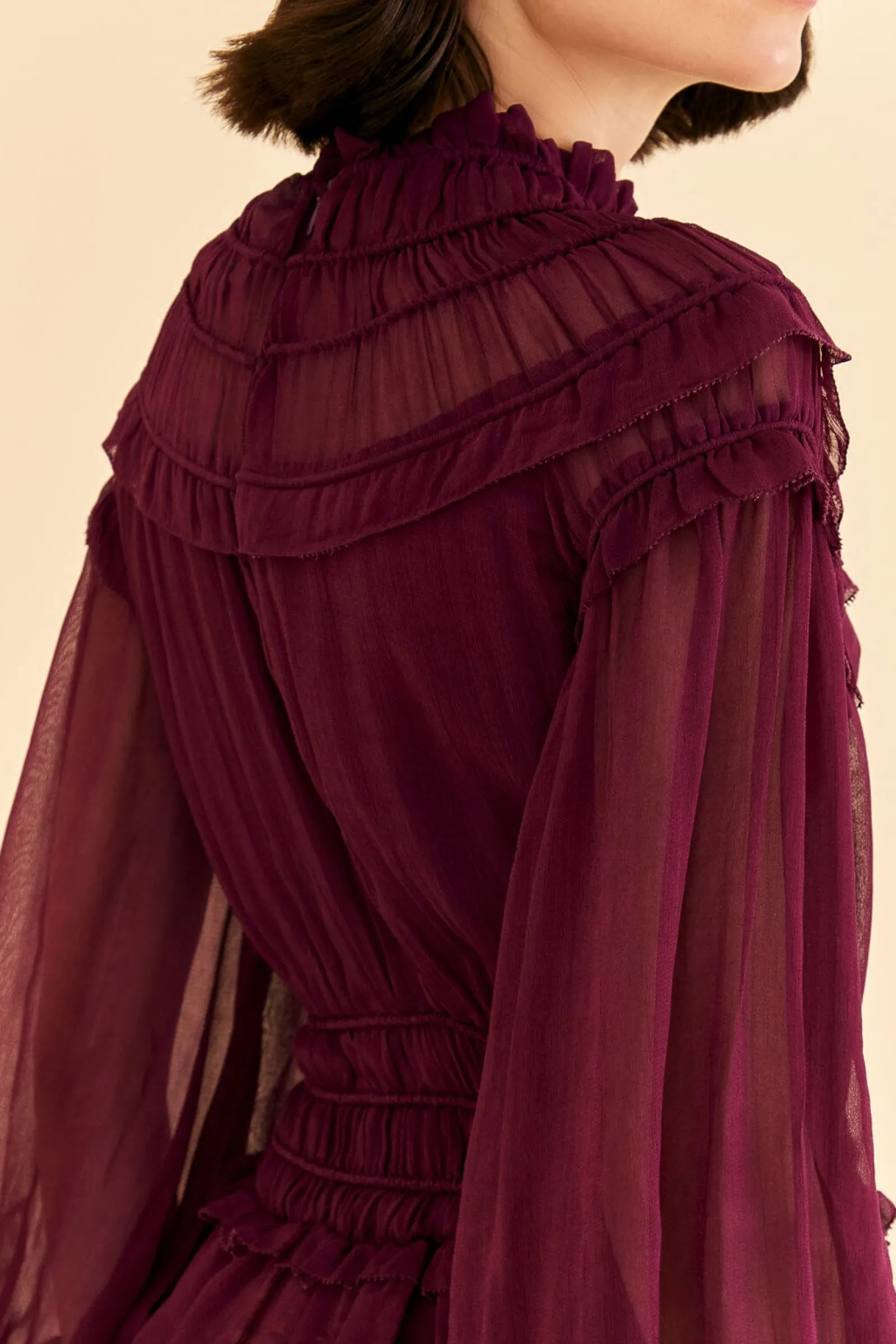 BURGUNDY RUFFLE HIGH NECK BLOUSE