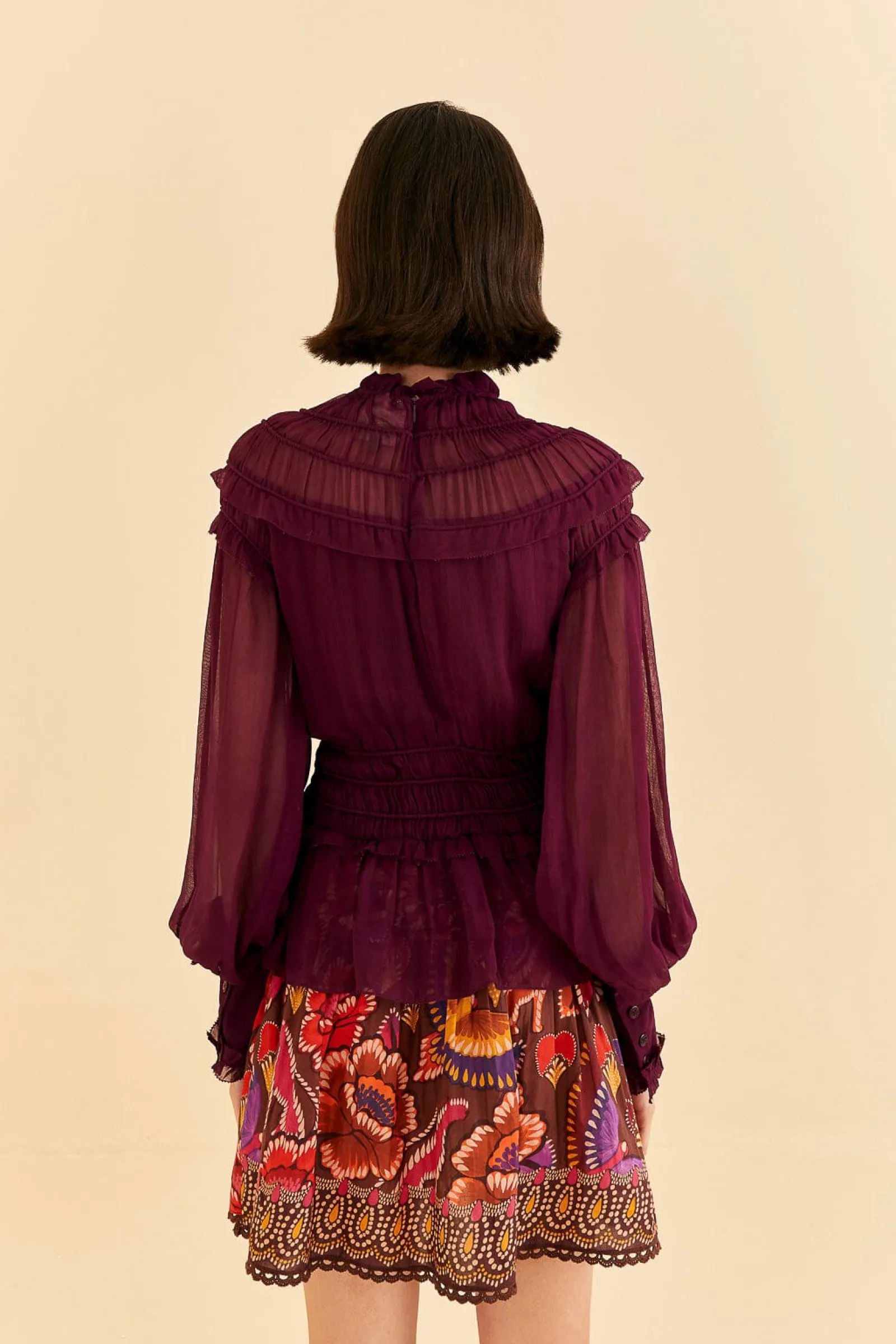 BURGUNDY RUFFLE HIGH NECK BLOUSE