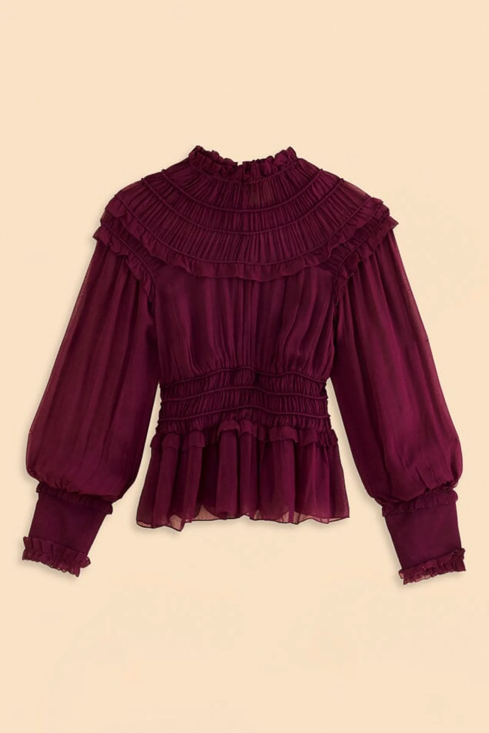 BURGUNDY RUFFLE HIGH NECK BLOUSE