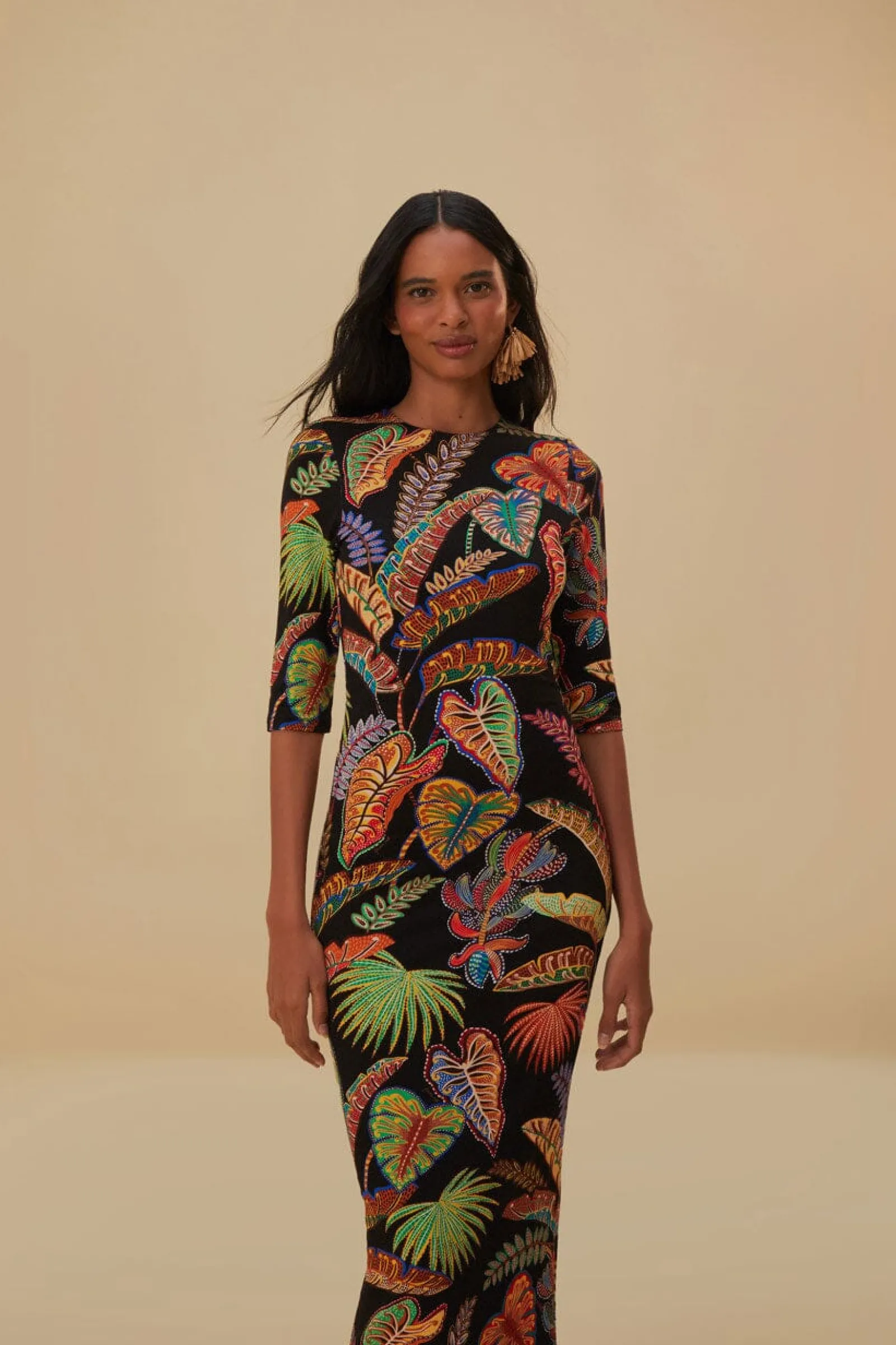 COOL FOLIAGE BLACK JERSEY MIDI DRESS