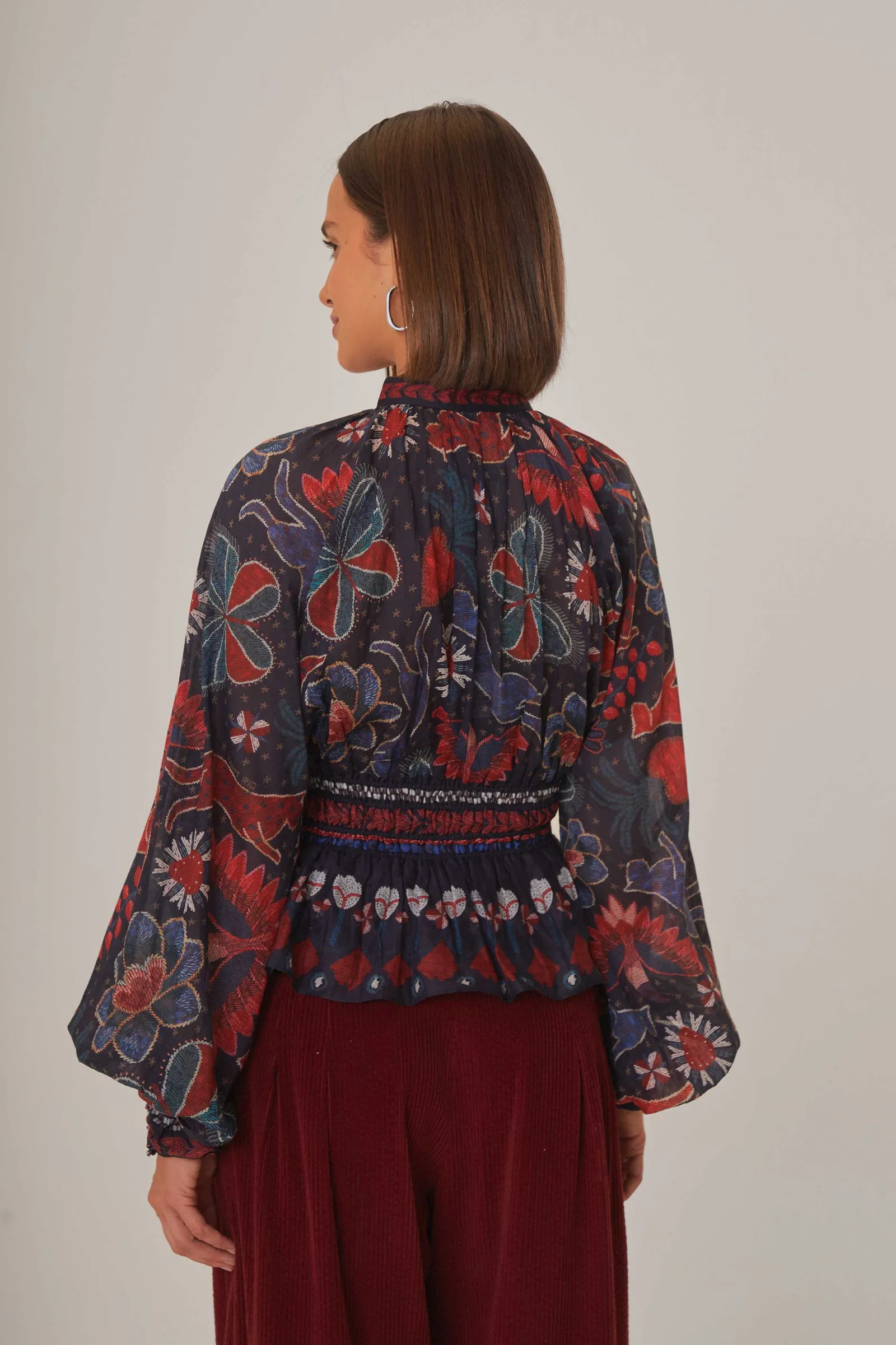 DARK BLUE TROPICAL SHINE V NECK BLOUSE