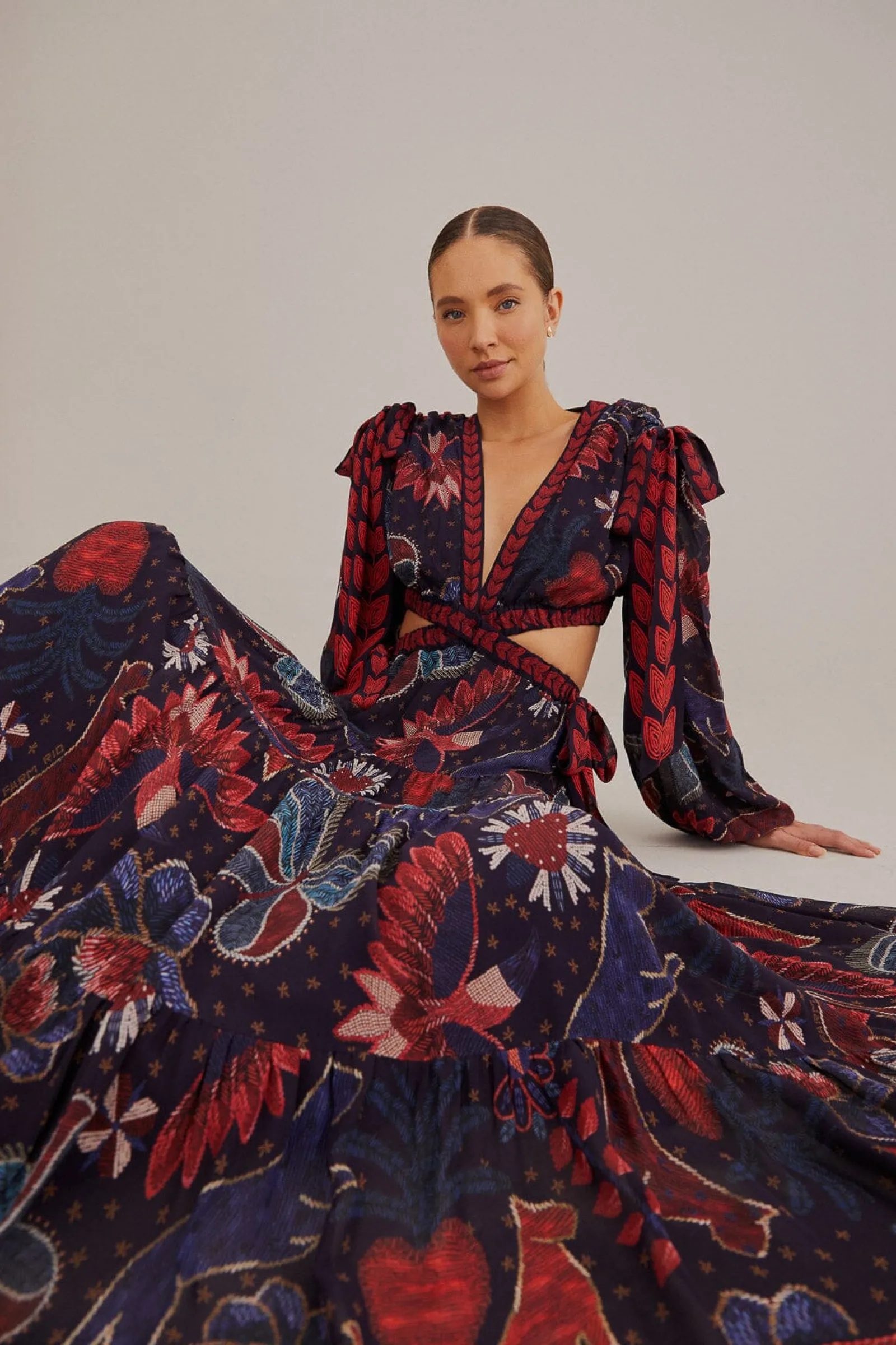 DARK BLUE TROPICAL SHINE CUT OUT MAXI DRESS