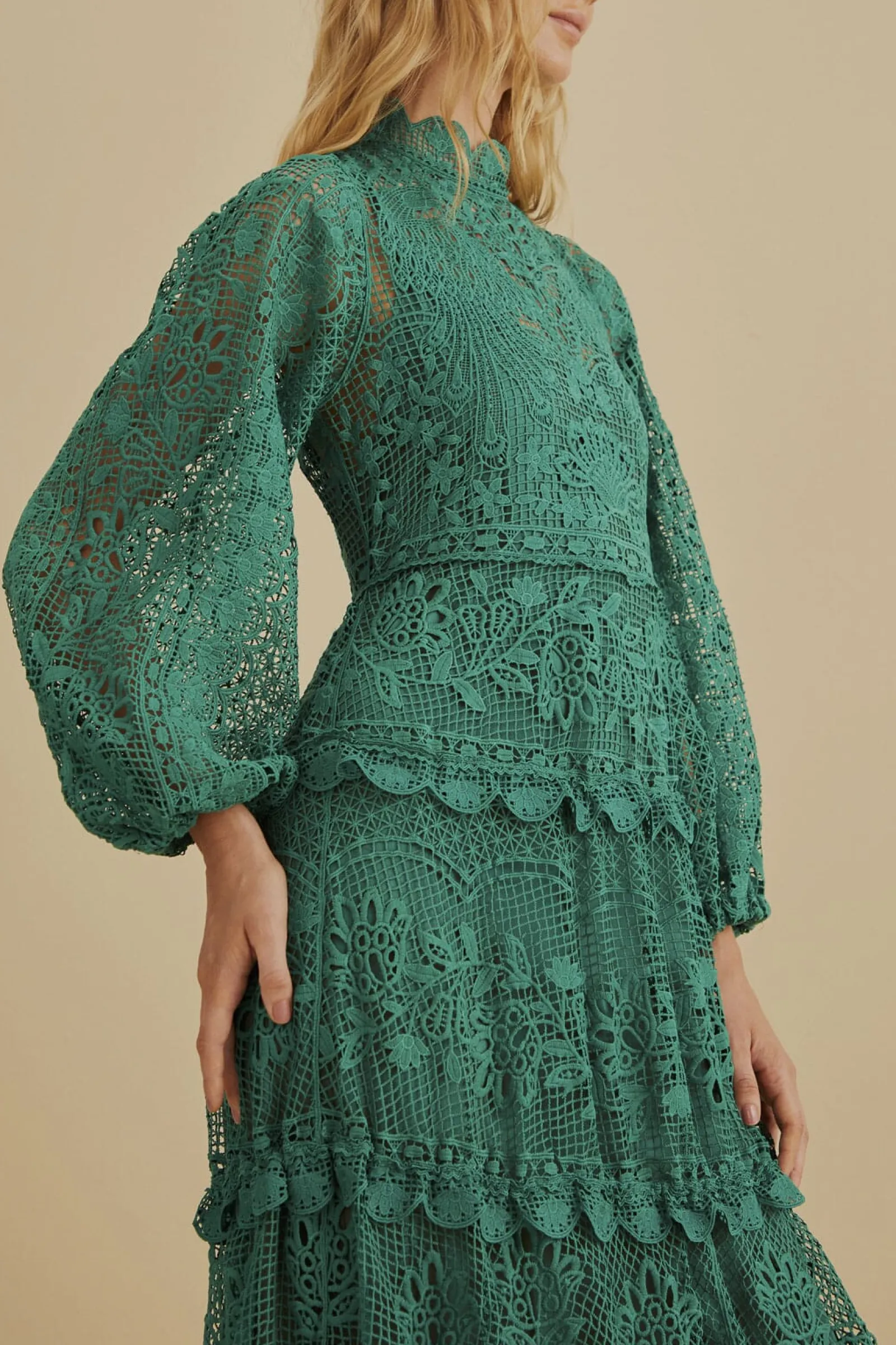 DARK GREEN GUIPURE LONG SLEEVE MAXI DRESS