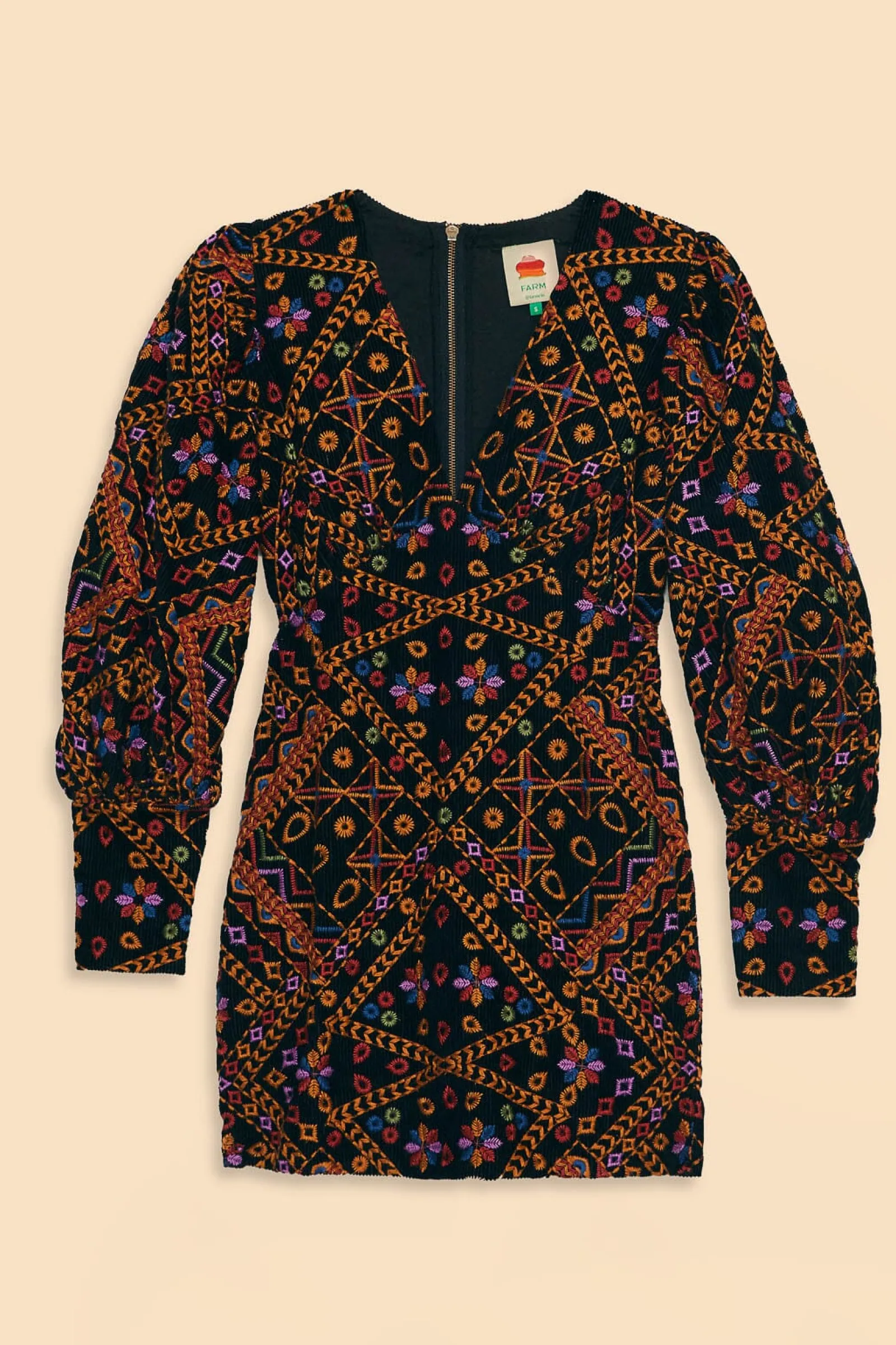 EMBROIDERED CORDUROY PUFF SLEEVE MINI DRESS